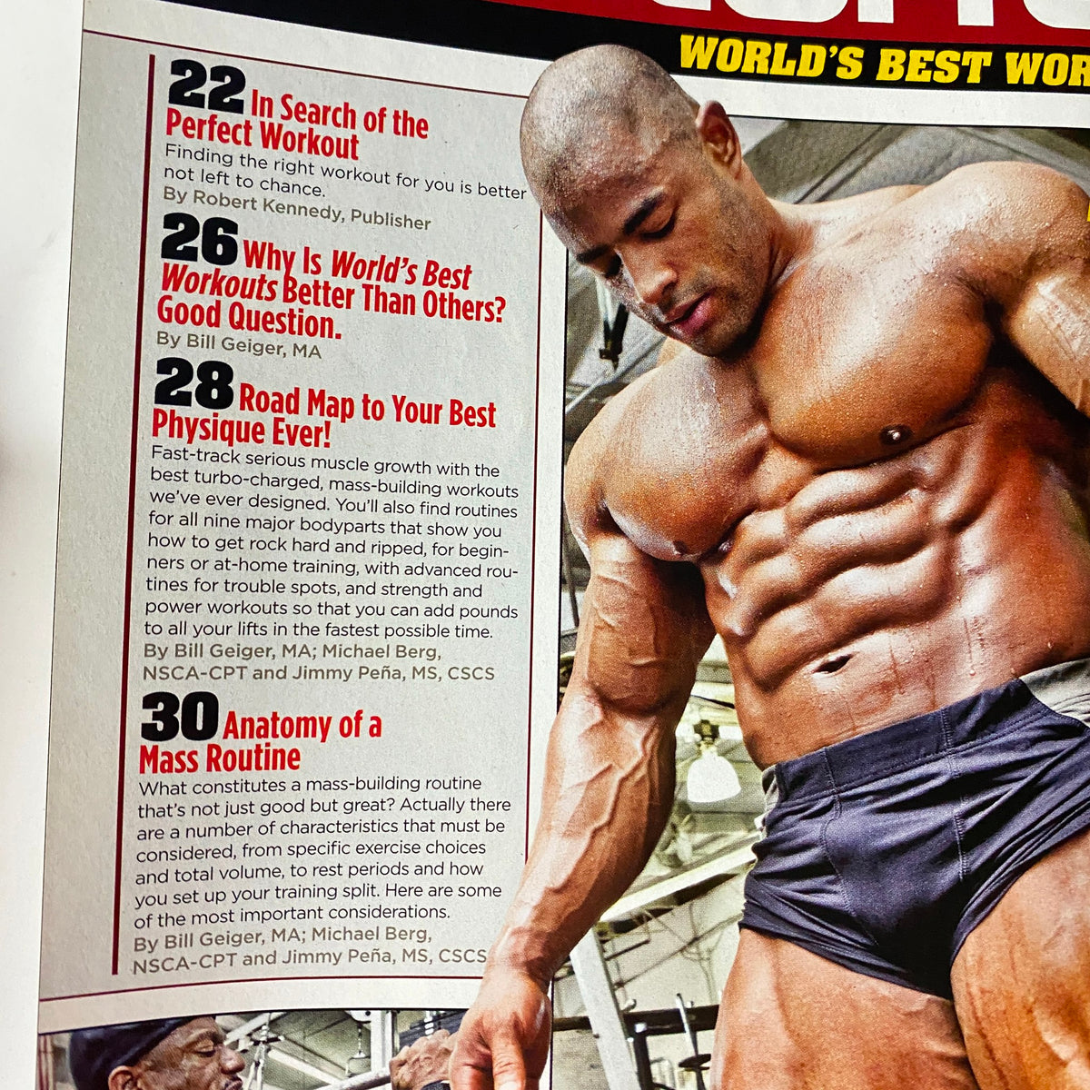 Inside page of MuscleMag International Magazine Spring 2012 showcasing sections about effective workout strategies, including 'In Search of the Perfect Workout' and detailed workout routines for building mass and strength.