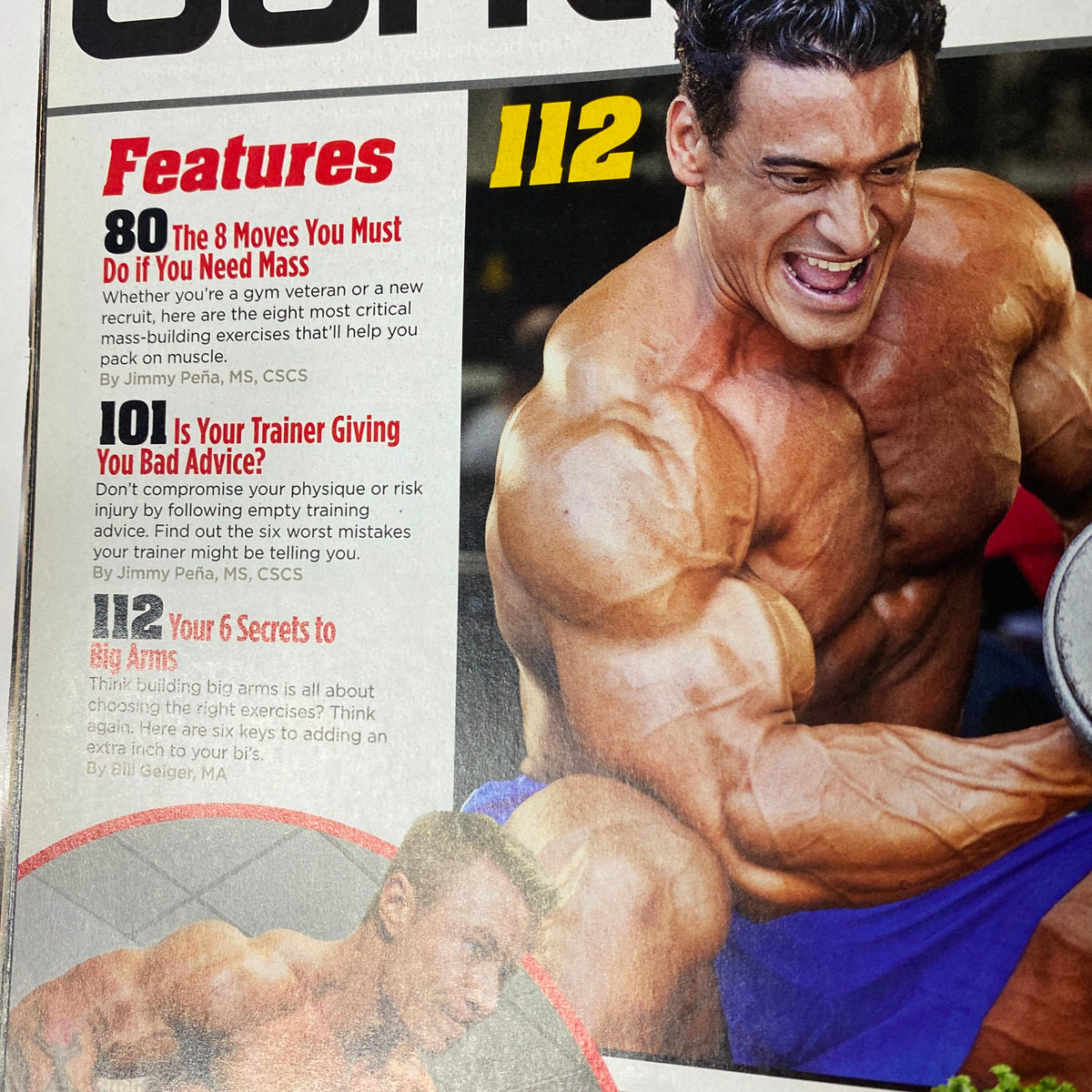 Inside page of MuscleMag International Magazine May 2012 highlighting key fitness features including advice from trainers and training mistakes to avoid for achieving mass.