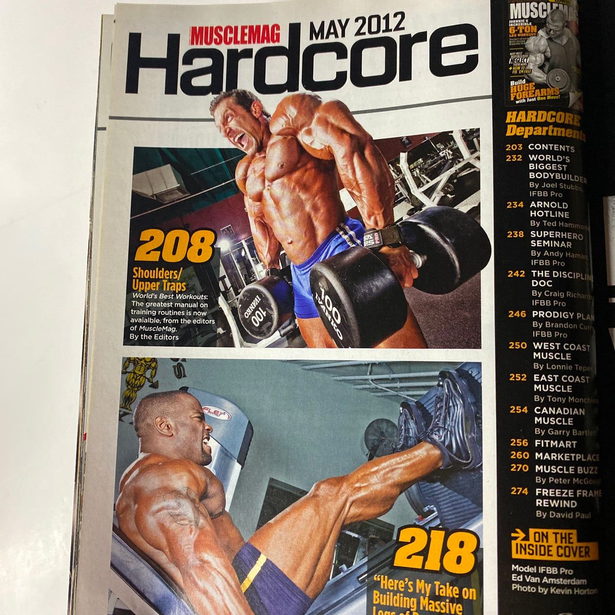 MuscleMag International Magazine May 2012 cover featuring muscular bodybuilders showcasing training techniques for shoulders and building mass.