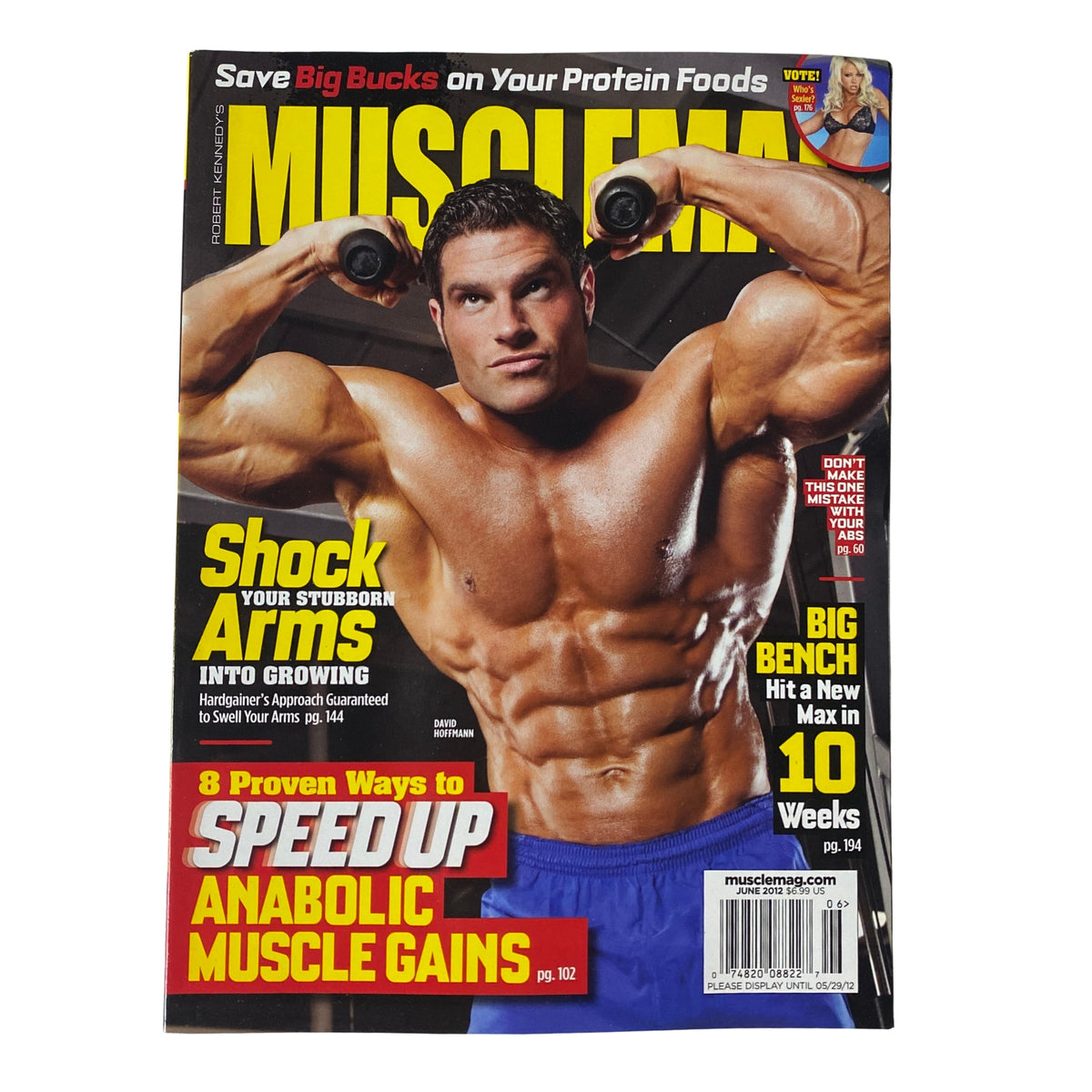 Cover of MuscleMag International Magazine June 2012 featuring David Hoffman showcasing impressive muscle definition and a workout pose, highlighted with titles promoting fitness strategies and nutritional tips.