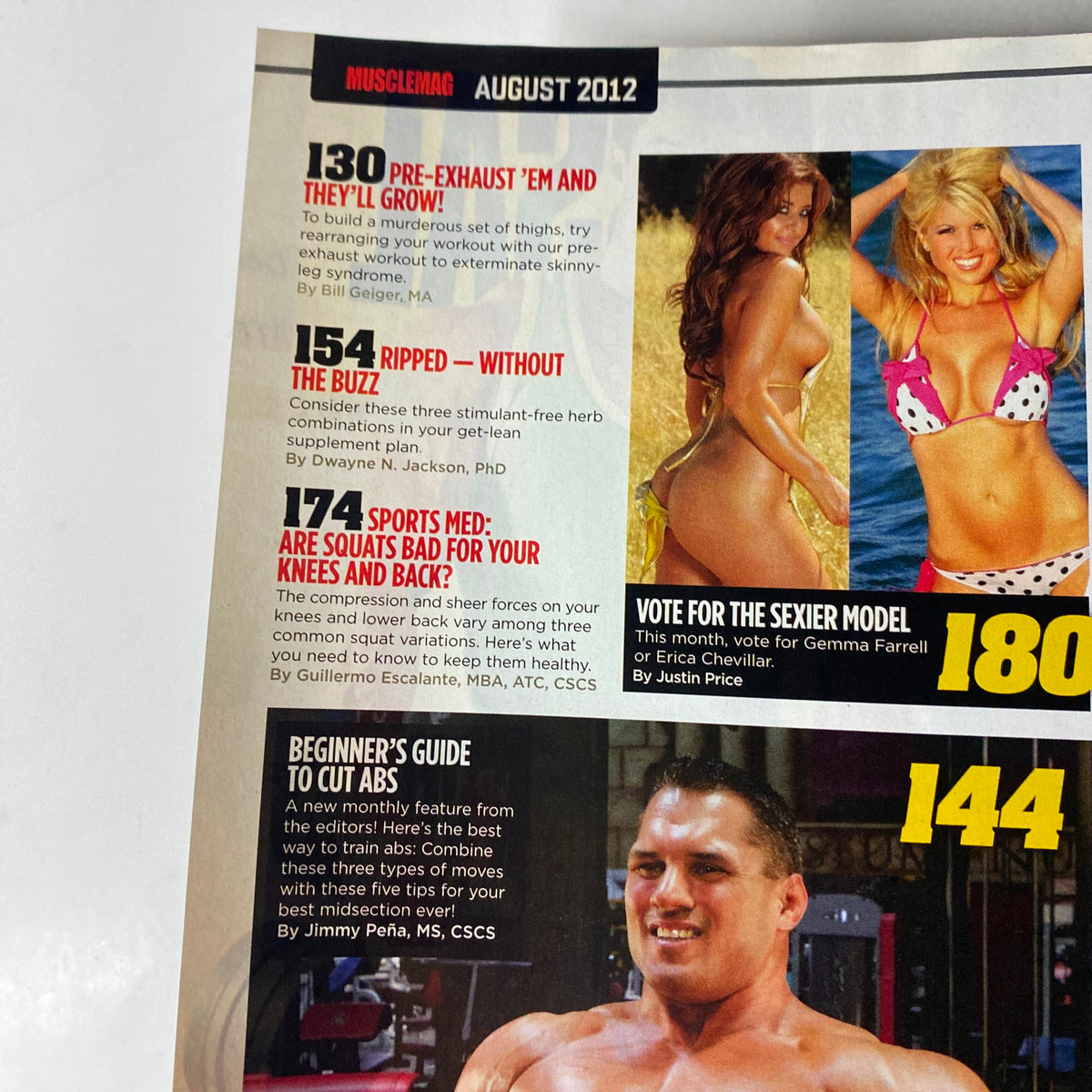 Content page from MuscleMag International Magazine August 2012 #363 featuring articles on pre-exhaust training, herbal fat loss, and safe squatting by various fitness experts.