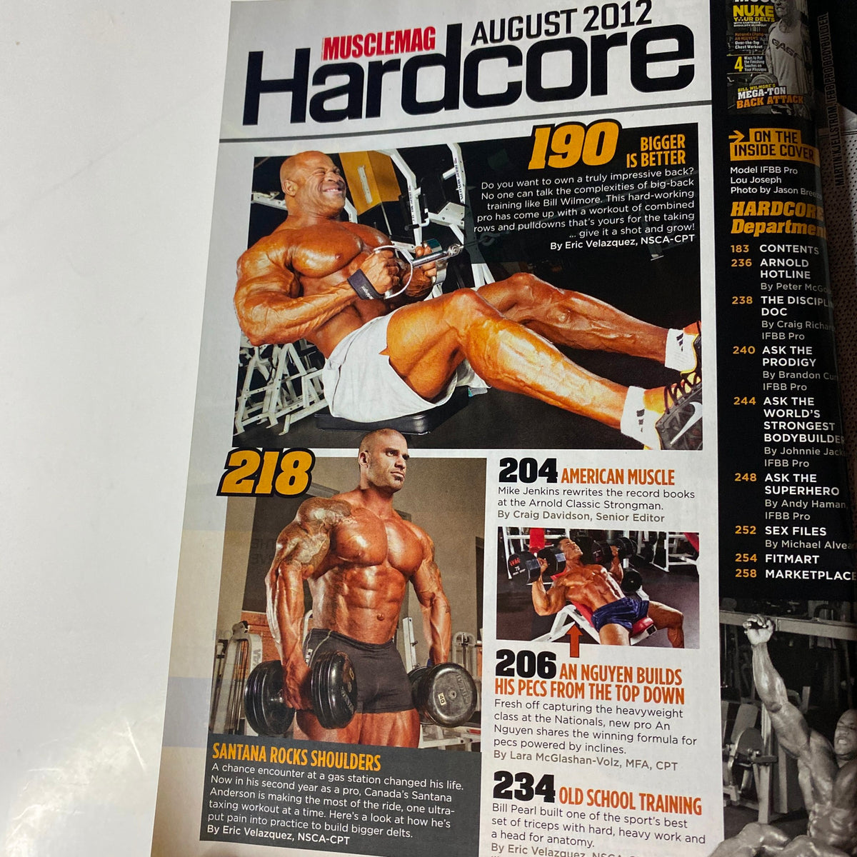 MuscleMag International Magazine August 2012 showcasing a bodybuilder performing a bicep curl with notable features on bodybuilding and fitness routines.