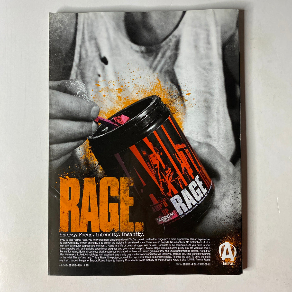 MuscleMag International Magazine August 2012 advertisement for RAGE supplement, emphasizing energy, focus, and intensity for fitness enthusiasts.