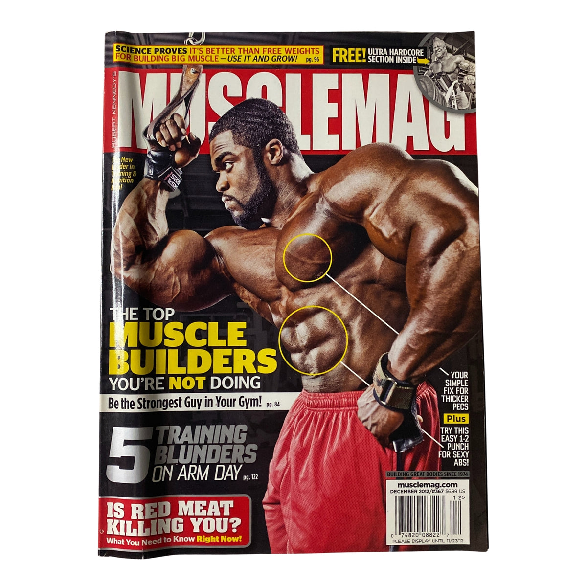 MuscleMag International Magazine December 2012 Issue #367 featuring Brandon Curry on the cover, showcasing bodybuilding tips and muscle-building strategies.