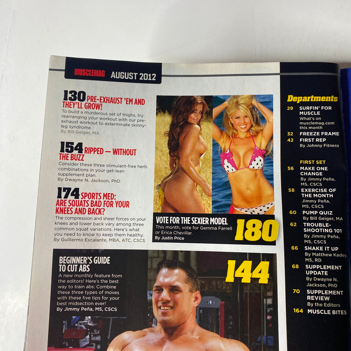 Another content page from MuscleMag International Magazine August 2012 #363, featuring articles and model competitions, with vibrant images and informative headings.