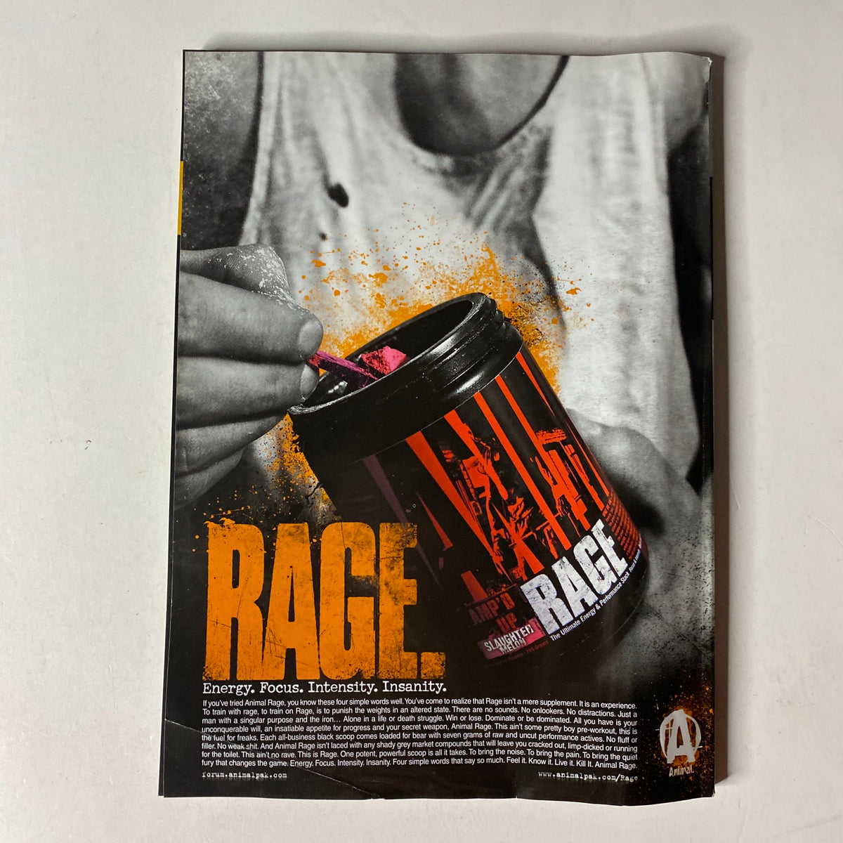 MuscleMag International Magazine August 2012 showcasing an advertisement for Rage pre-workout supplement, highlighting energy, focus, intensity, and insanity, issue #363 by Robert Kennedy.