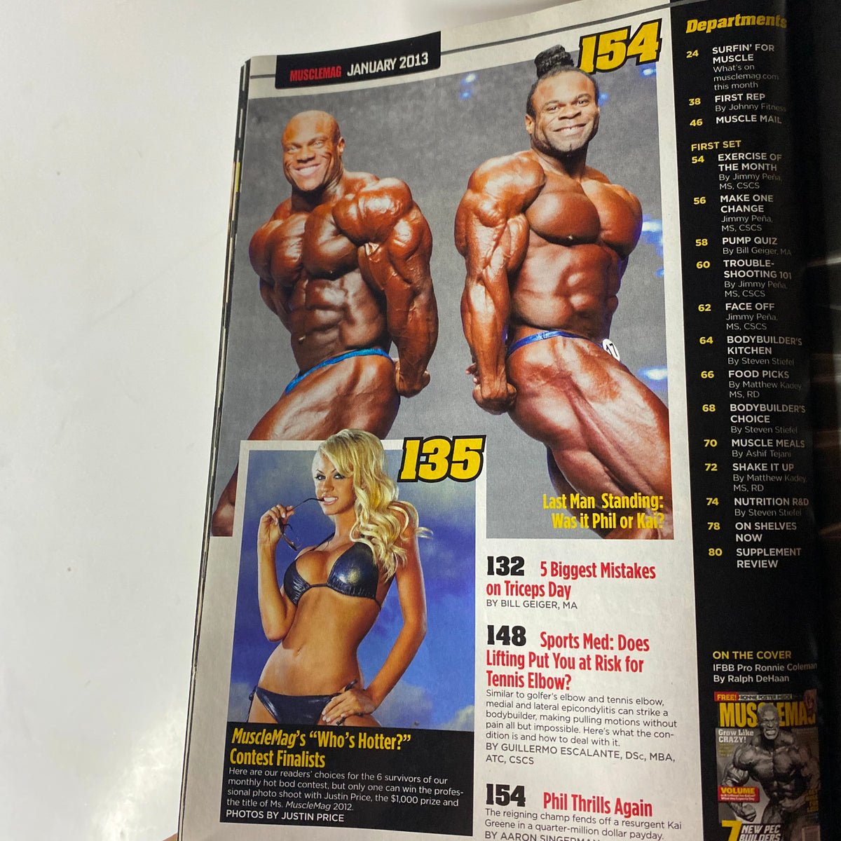 MuscleMag International Magazine January 2013 #368 featuring Ronnie Coleman, showcasing bodybuilding with a photo of two bodybuilders competing at a contest.