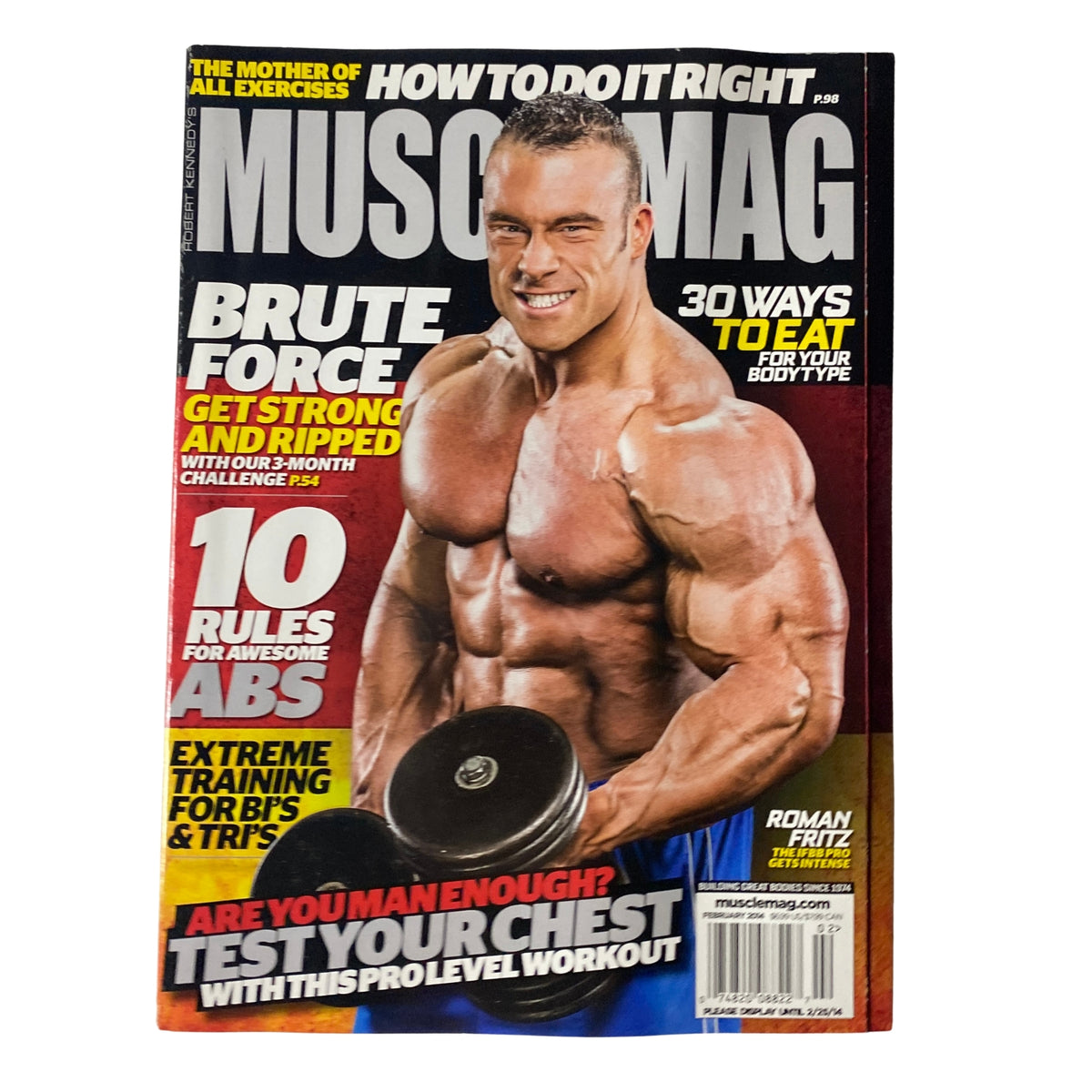 Cover of MuscleMag International Magazine February 2014 featuring Roman Fritz, showcasing a muscular figure lifting weights with the title 'Brute Force' and articles on fitness strategies.