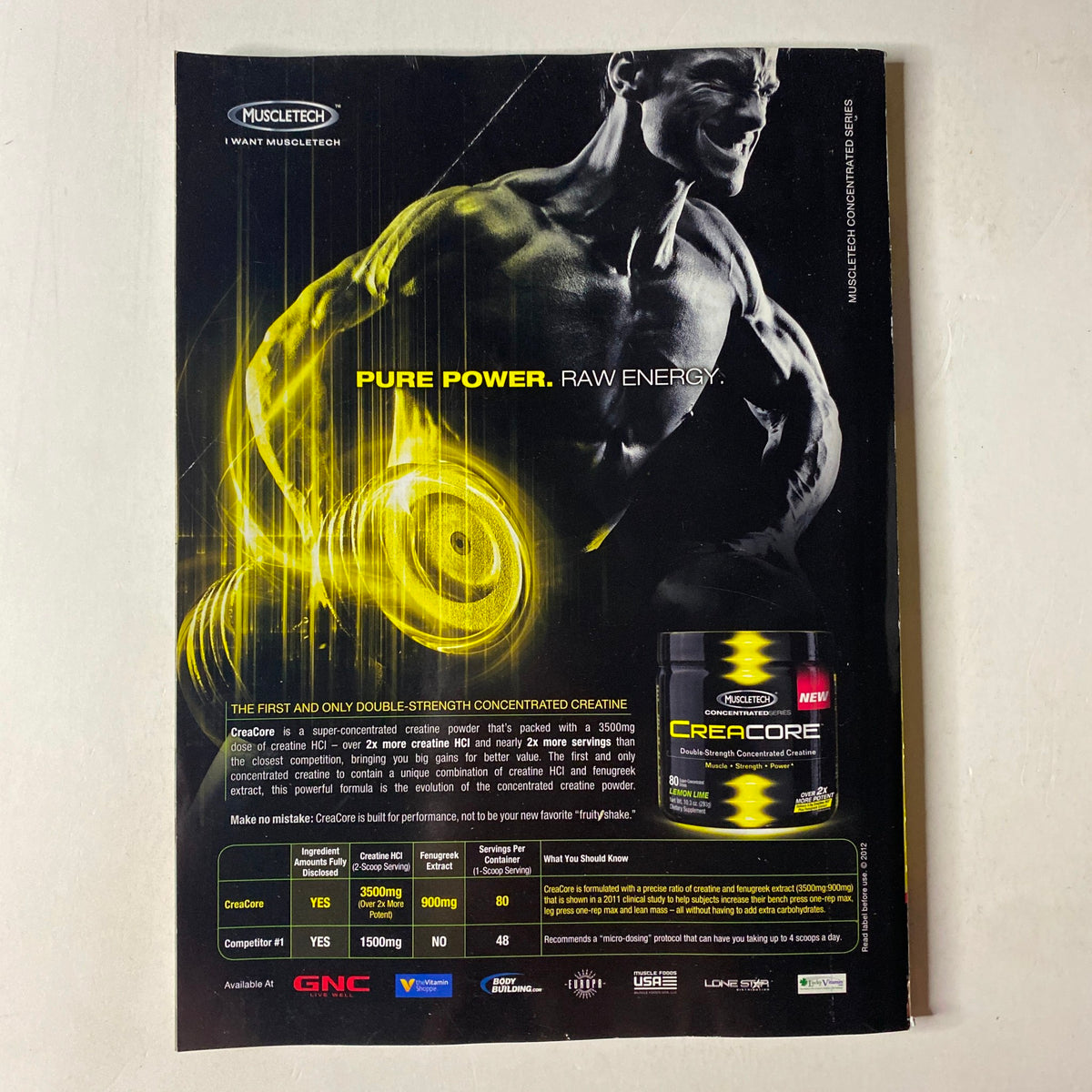 MuscleMag International Magazine February 2013 #369 features a dynamic advertisement for Muscletech CreaCore. The image showcases a muscular figure emphasizing themes of power and energy, highlighting the product's benefits as a double-strength concentrated creatine formula.