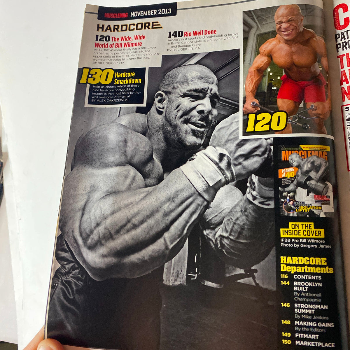 Hardcore training section from MuscleMag International Magazine November 2013, featuring powerful images of bodybuilders and their training regimens.