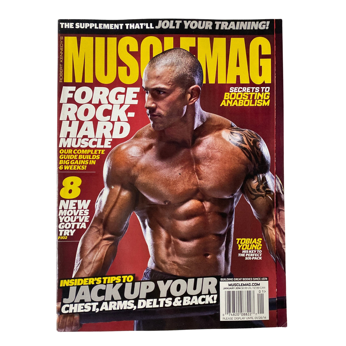 Cover image of MuscleMag International Magazine January 2014 featuring Tobias Young, showcasing bodybuilding tips and fitness strategies.