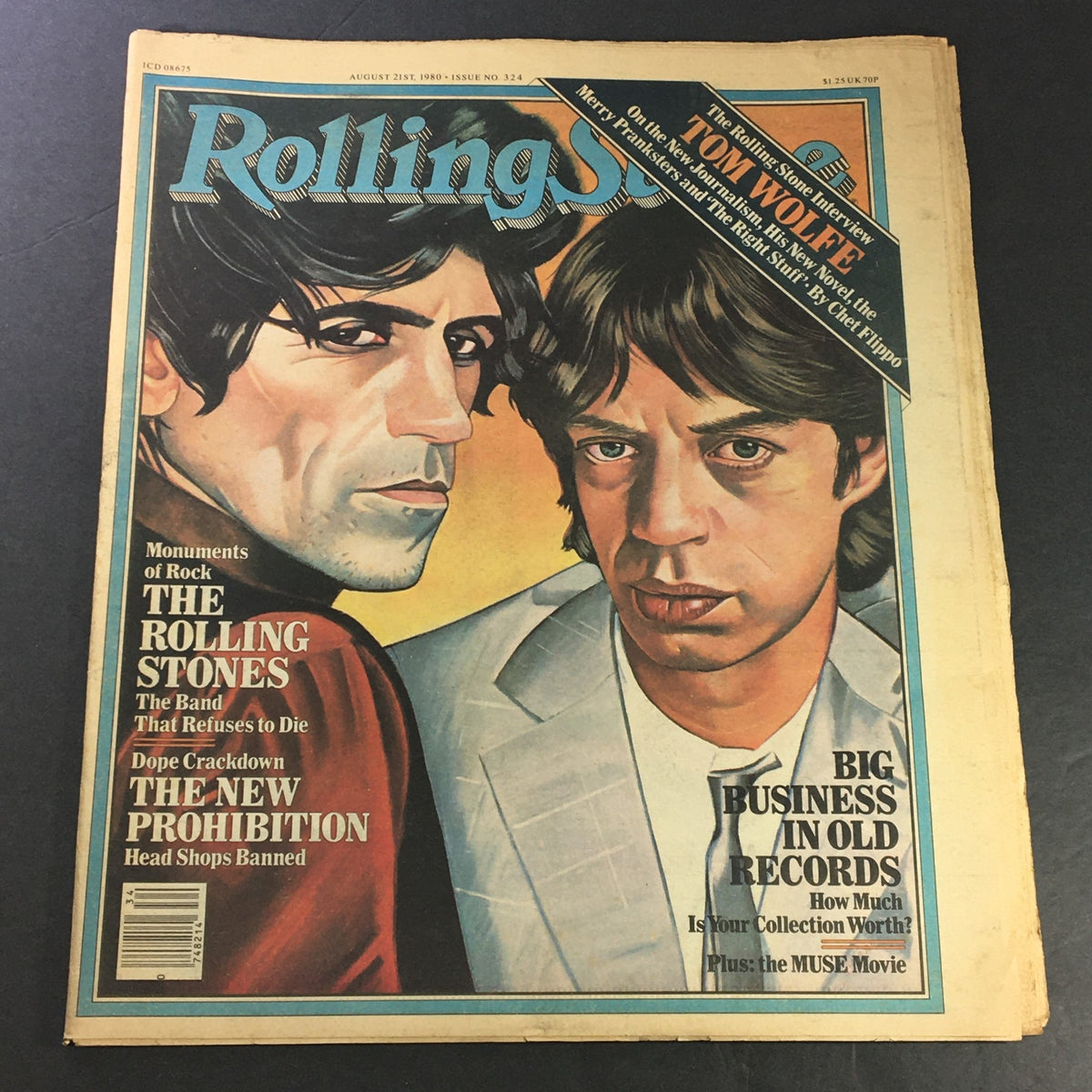 Vintage Rolling Stone Magazine from August 21, 1980, issue number 324, featuring a cover illustration of two people, highlighting Tom Wolfe's article on New Journalism.