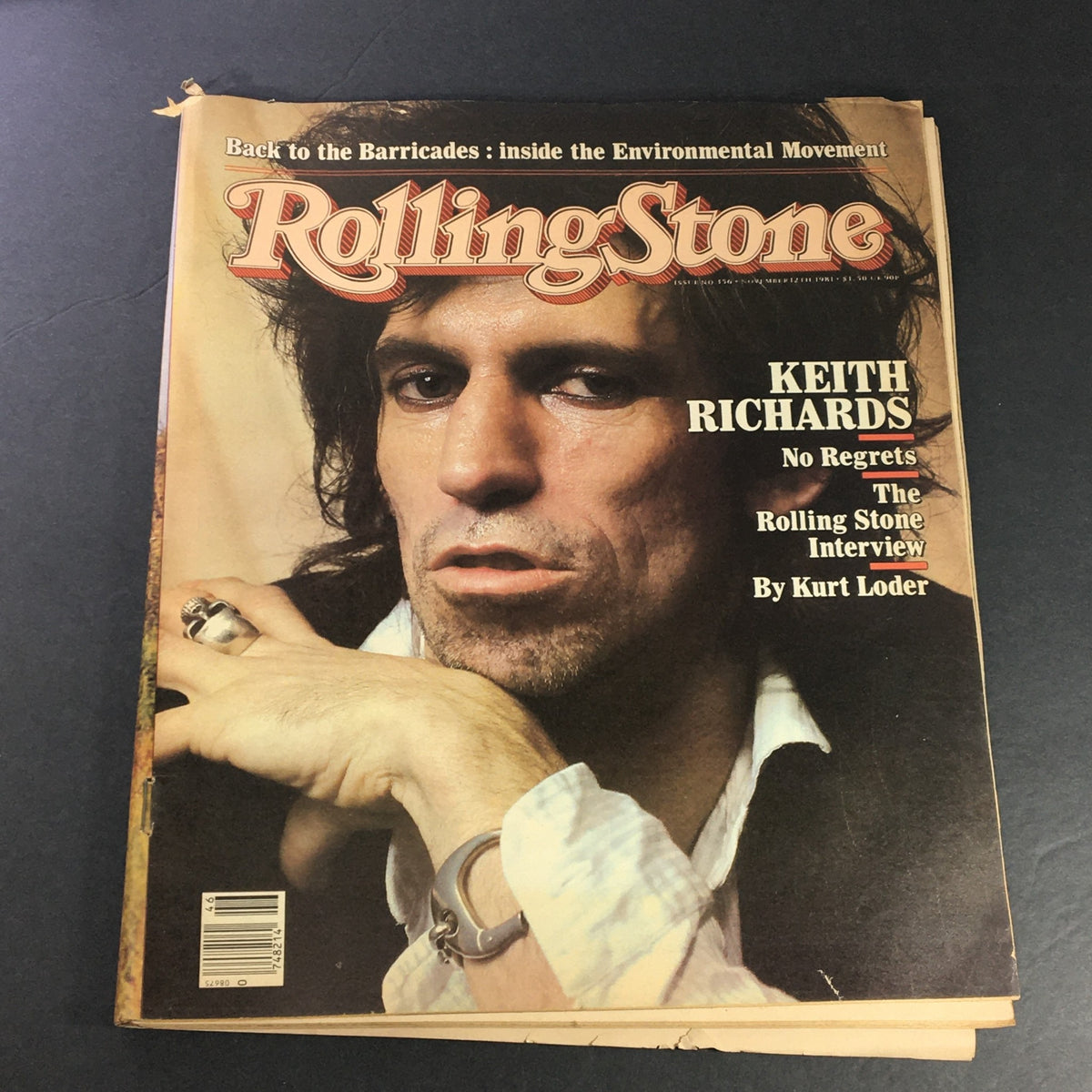 Vintage Rolling Stone Magazine cover from November 12, 1981, showcasing Keith Richards with the title 'No Regrets'. The cover features a close-up image of Richards, known for his role in rock music, highlighting his signature style and presence. An essential collectible for vintage magazine enthusiasts.