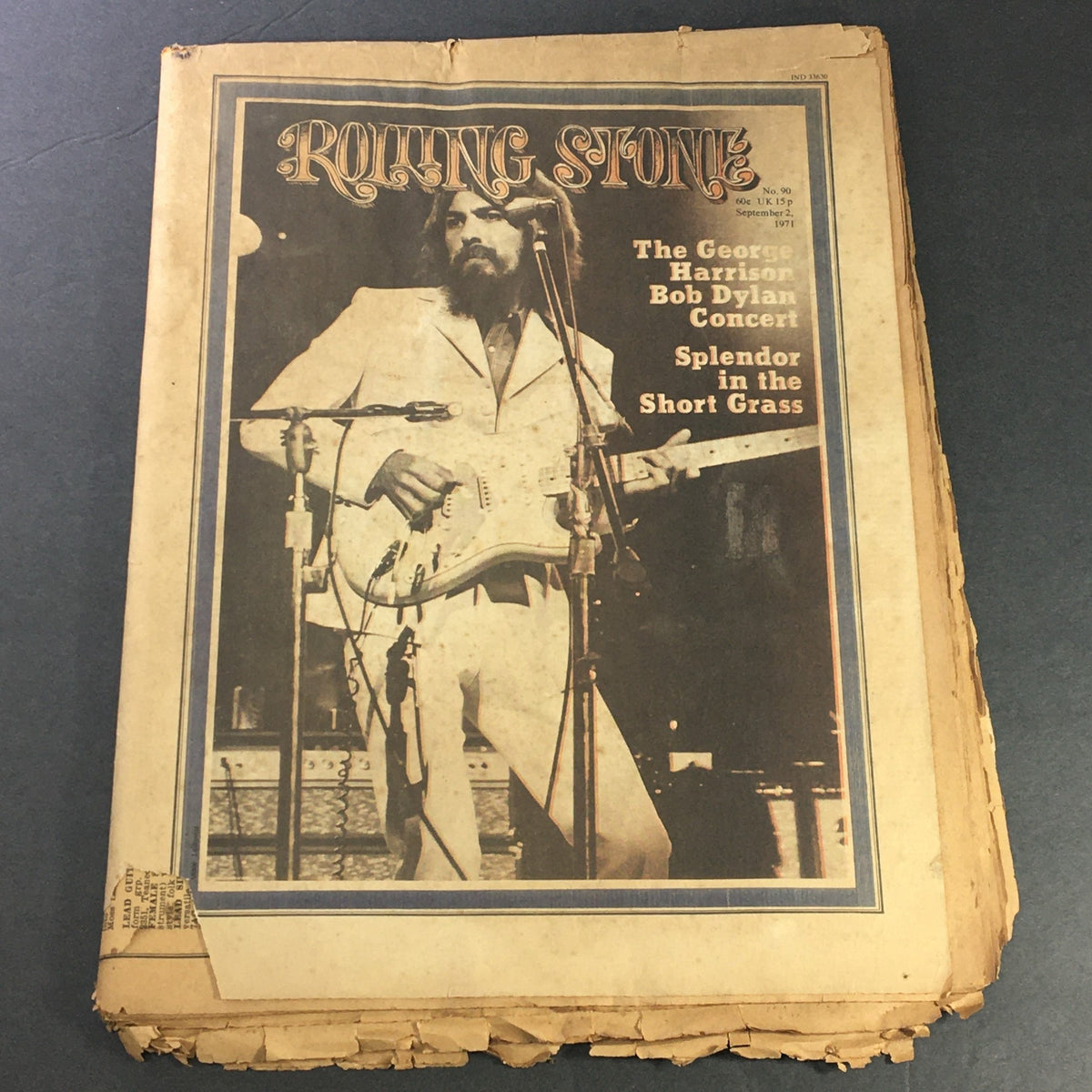 VTG Rolling Stone Newspaper September 2 1971 #90 featuring George Harrison on the cover, showcasing iconic imagery from the era of classic rock.