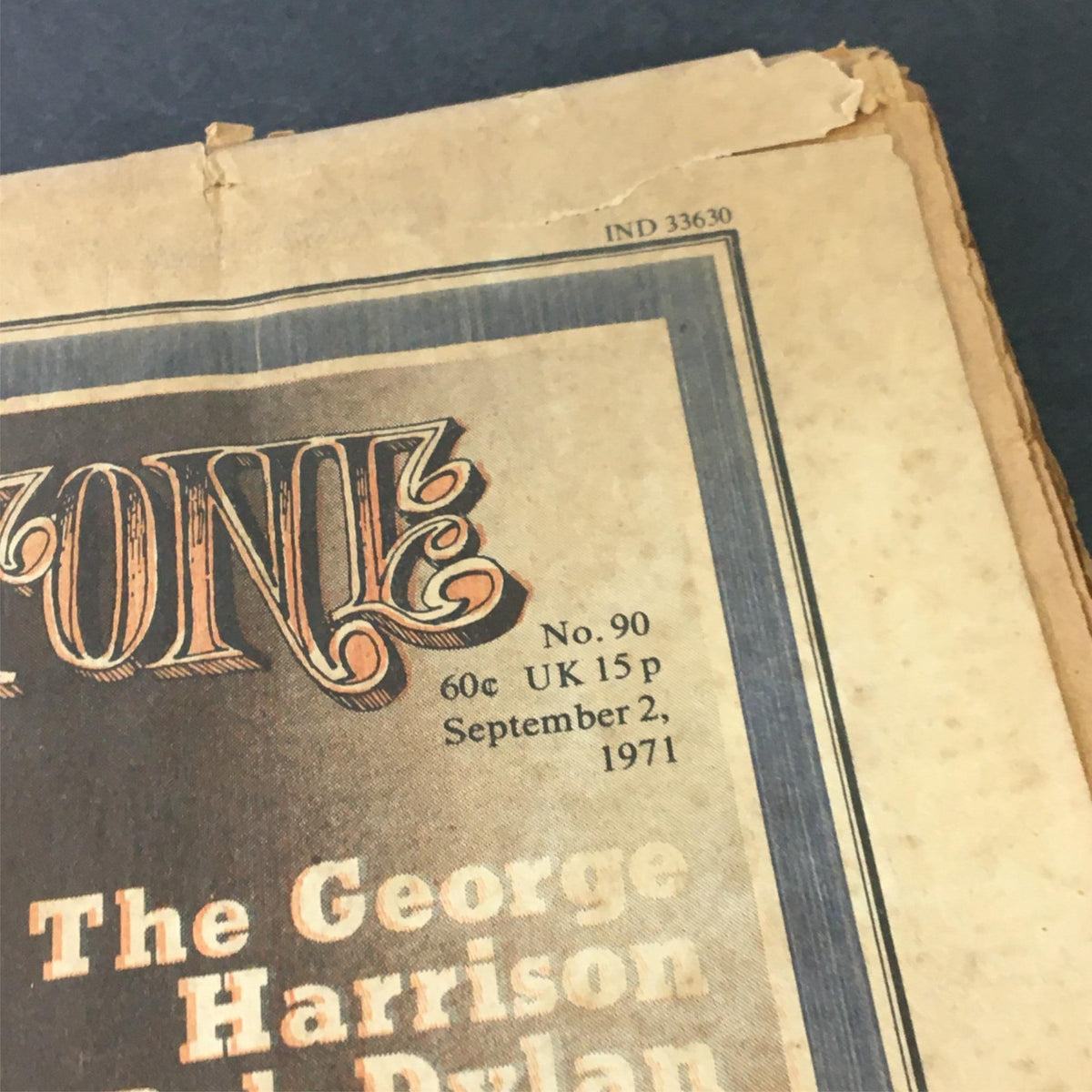 Close-up of the VTG Rolling Stone Newspaper September 2 1971 #90 detailing the issue number and date, highlighting its vintage significance.