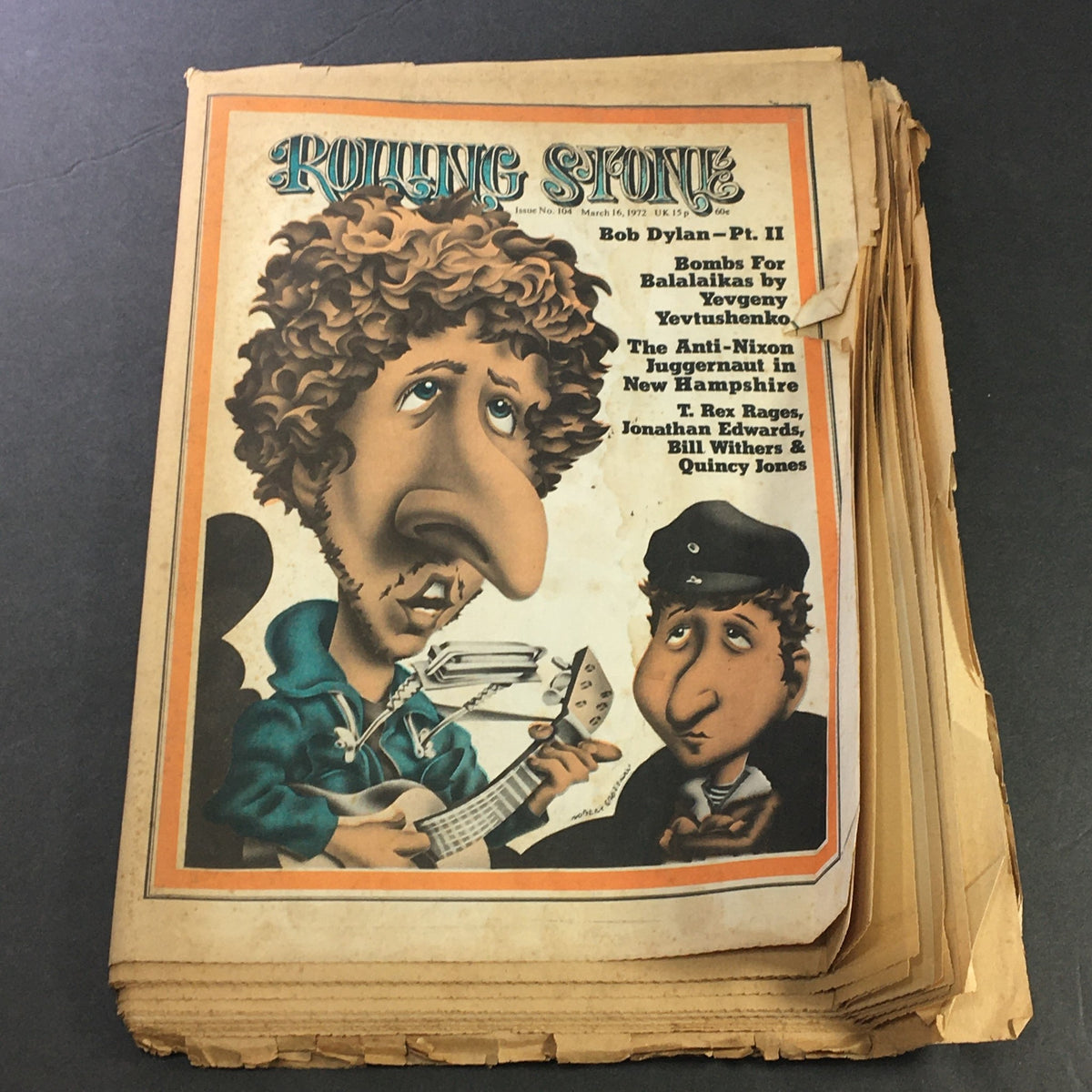 Cover of the VTG Rolling Stone Newspaper March 16 1972 #104 featuring caricatures of Bob Dylan and Bill Withers, showcasing the magazine's colorful art style and notable features such as an article on Bob Dylan.