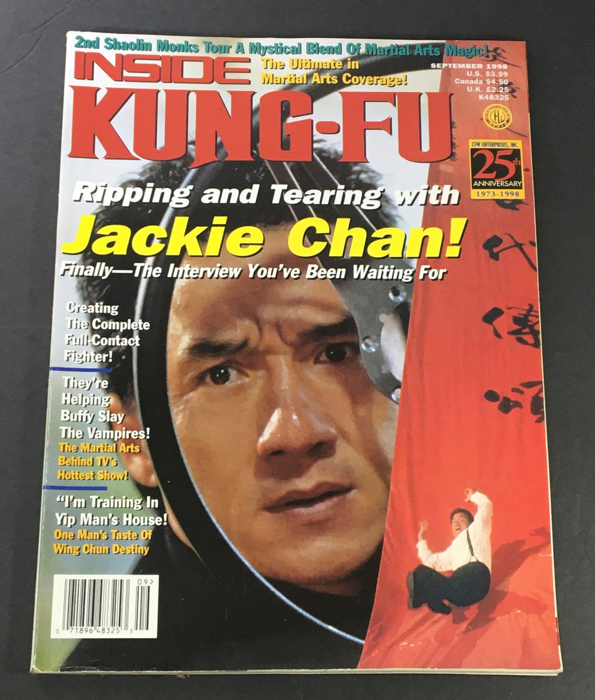 Cover of Inside Kung-Fu Magazine September 1998 featuring Jackie Chan with the headline 'Ripping and Tearing with Jackie Chan! Finally—The Interview You’ve Been Waiting For.' The cover showcases Jackie Chan in an intense martial arts pose, hinting at the exclusive contents within, focusing on his life and career in the martial arts cinema.