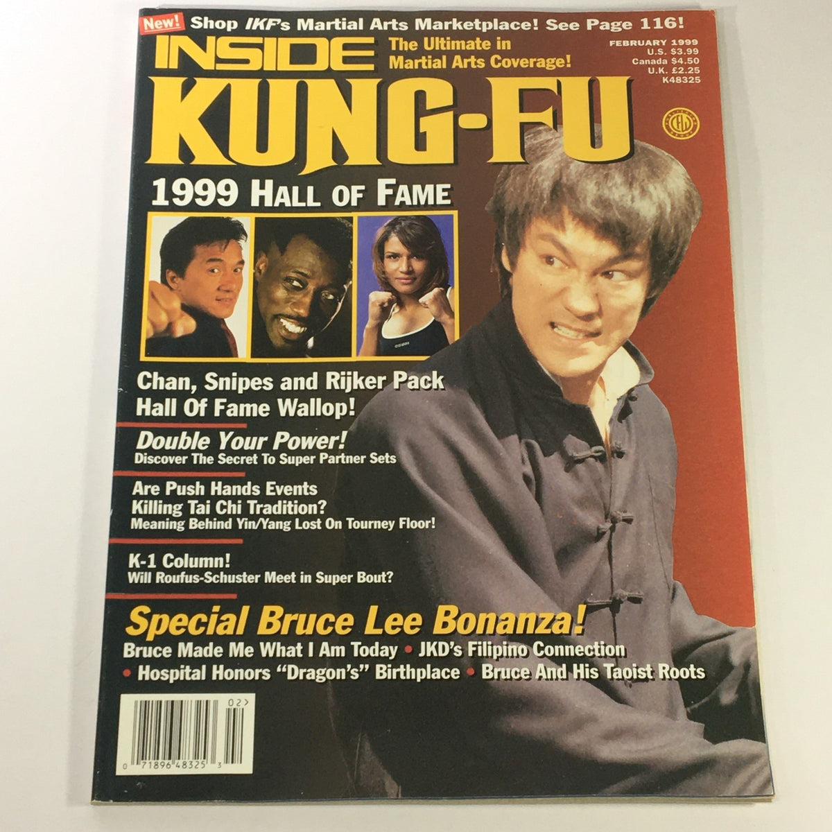 Inside Kung Fu Magazine February 1999 cover featuring Jacky Chan, Wesley Snipes, and Bruce Lee along with the headline '1999 Hall of Fame'. This collectible vintage magazine highlights martial arts legends and showcases exciting features in the world of martial arts.