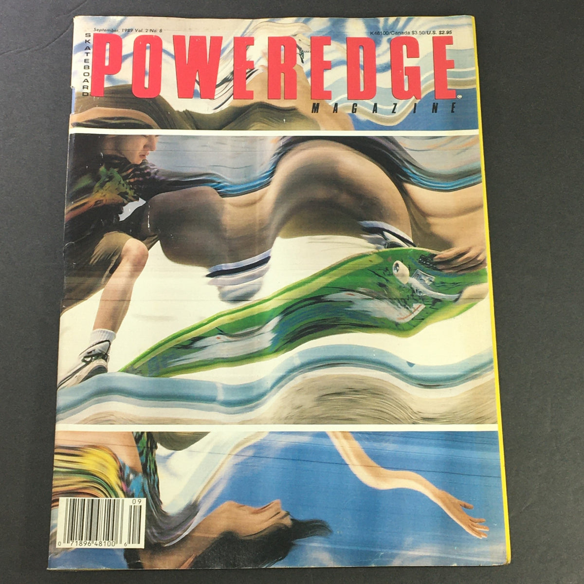 Vintage Skateboard Poweredge Magazine from September 1989, Volume 2, Issue #8, featuring a distorted artistic cover design with a skateboarder in action, capturing the essence of skateboarding culture during the late 80s.