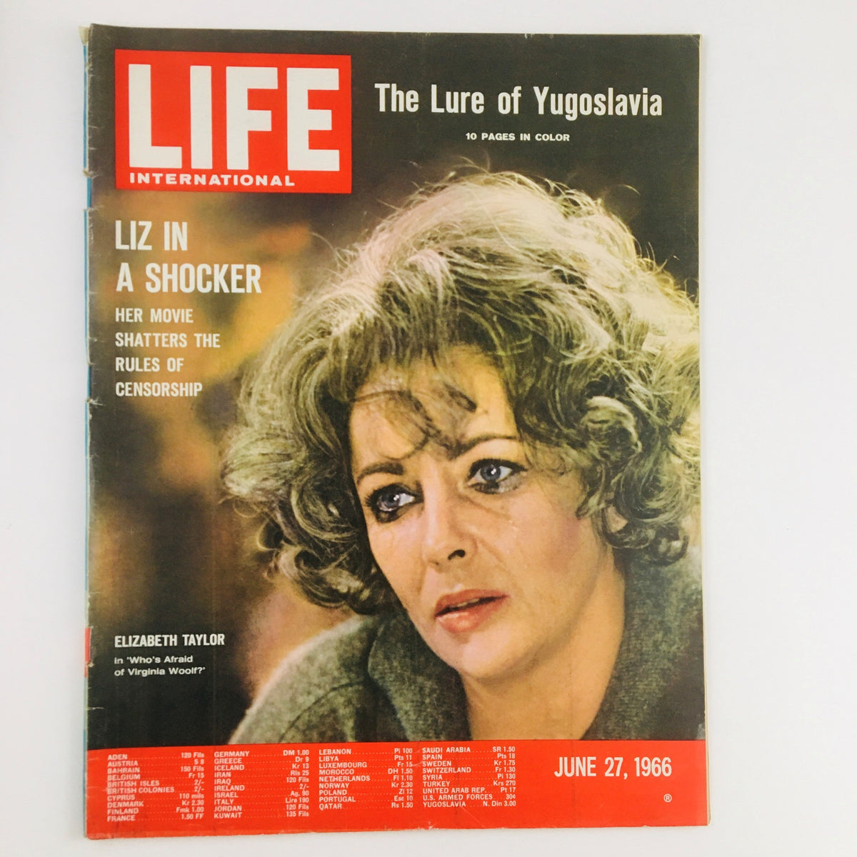 Cover of Life International Magazine from June 27, 1966, featuring Elizabeth Taylor in a dramatic pose, highlighting 'Liz in a Shocker' and discussing her film that challenged censorship, with colorful elements and retro aesthetic.