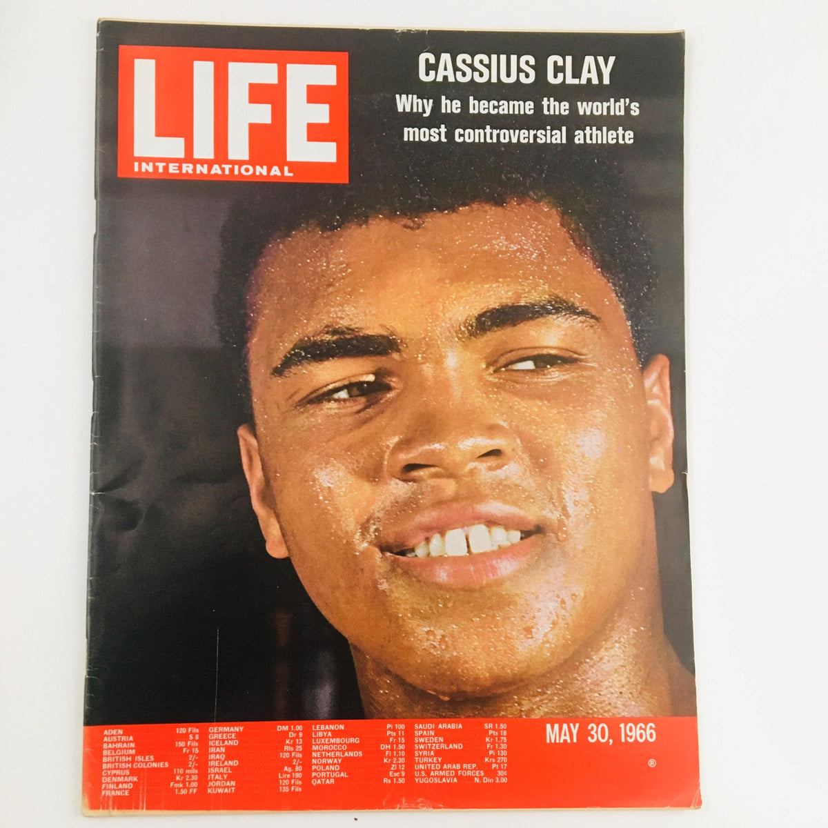 Cover of Life International Magazine from May 30, 1966, featuring Cassius Clay, also known as Muhammad Ali, highlighting his status as the world's most controversial athlete.