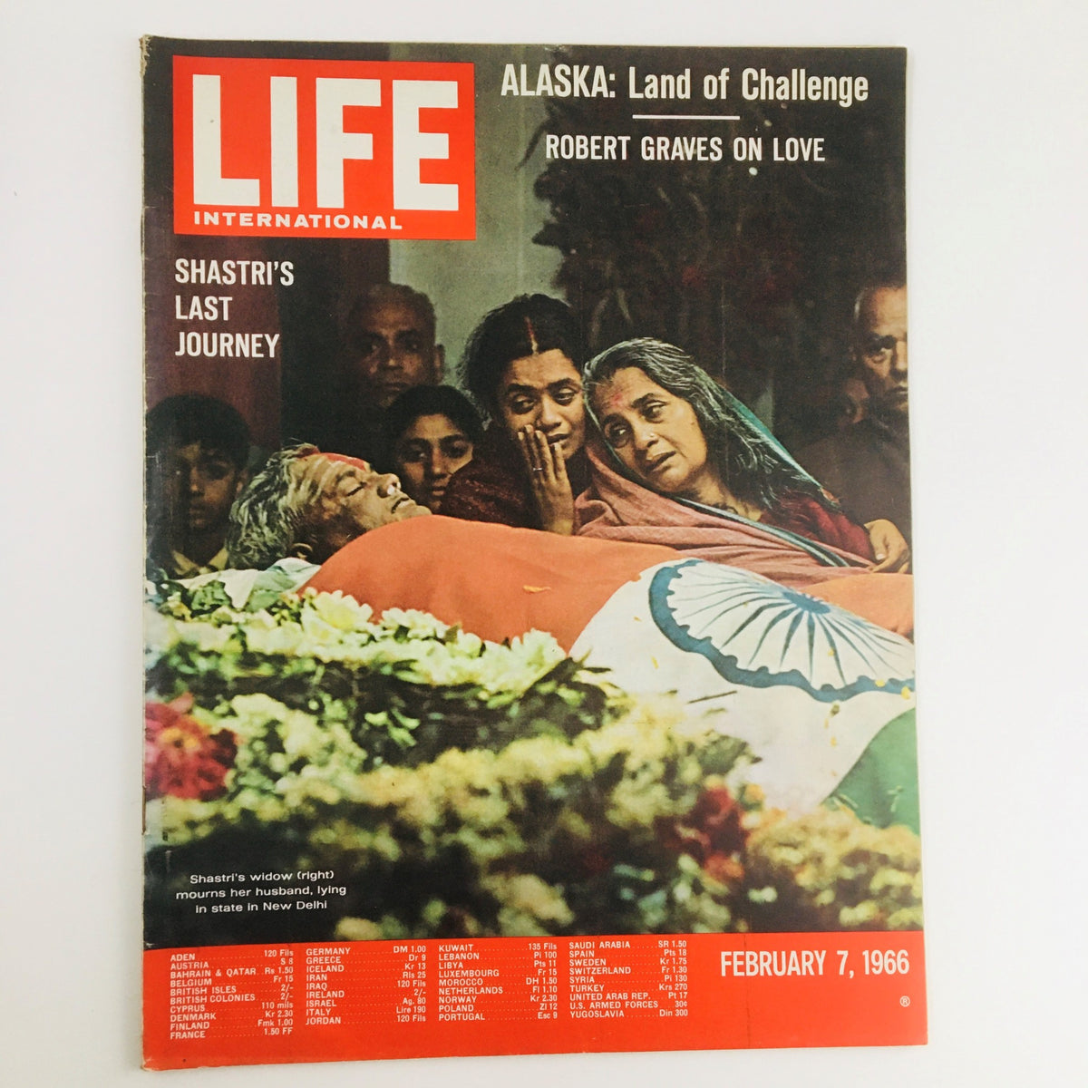 Cover of Life International Magazine dated February 7, 1966, showcasing 'Shastri's Last Journey' with a poignant image depicting mourning over India's former Prime Minister Lal Bahadur Shastri.
