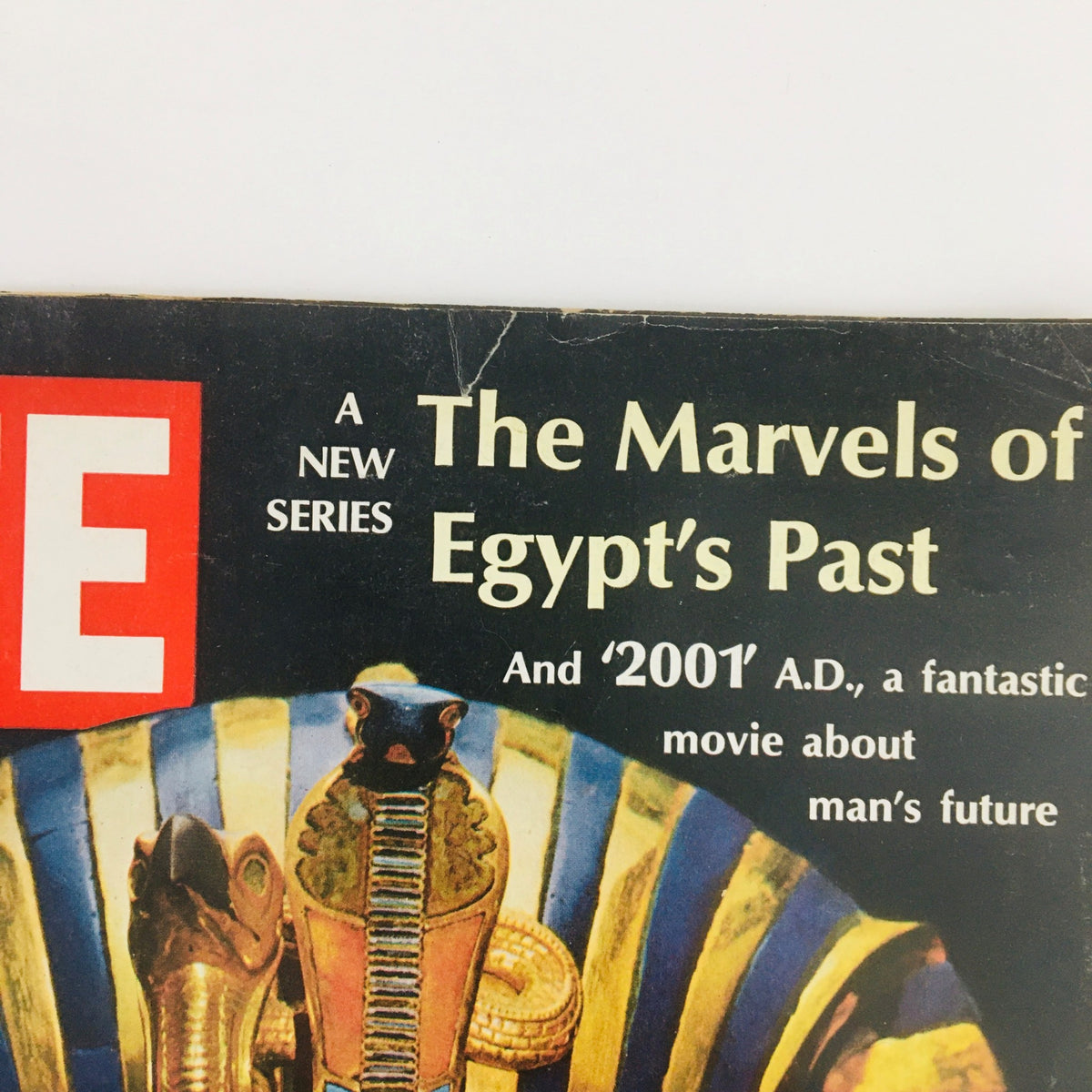 Close-up view of the vintage Life Magazine cover from April 5, 1968, highlighting the title 'The Marvels of Egypt's Past' and text about '2001' A.D., capturing details of the magazine's design.