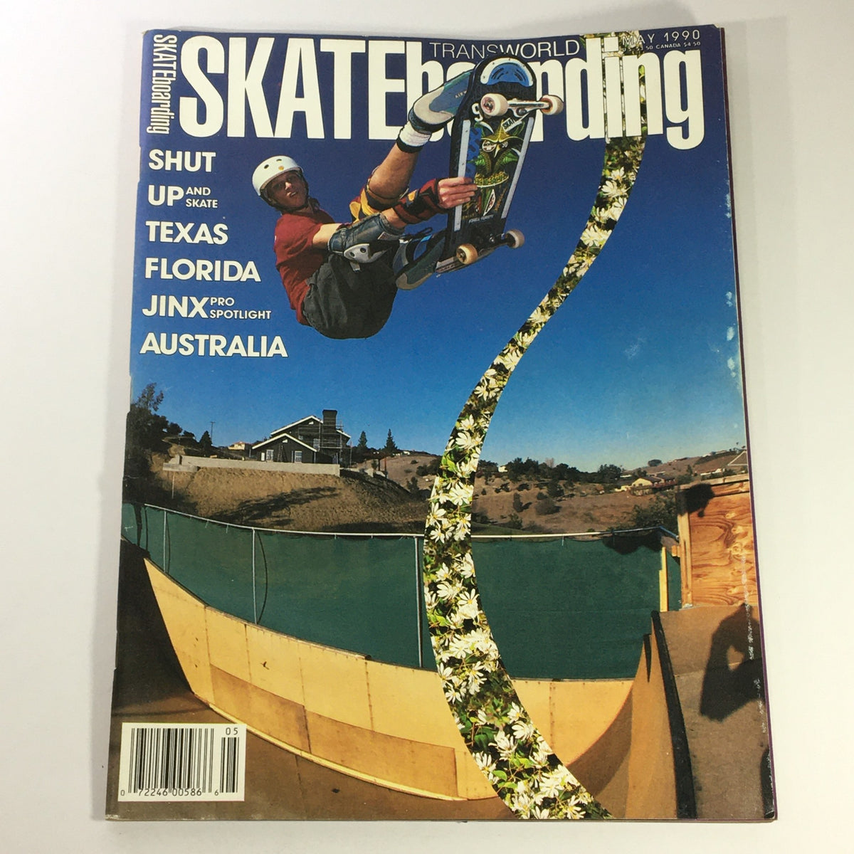 Cover of the Transworld Skateboarding Magazine May 1990 featuring a skater performing an aerial trick. This issue highlights the Texas Florida Jinx Pro event.