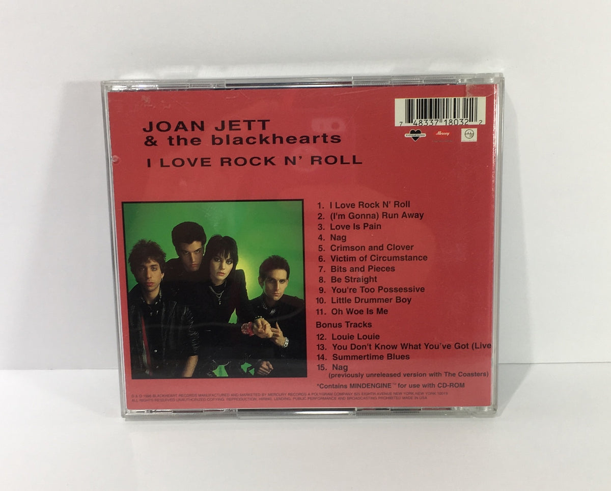 Back cover of Joan Jett The Blackhearts Audio CD listing the songs from the album 'I Love Rock N' Roll' with a photo of the band.