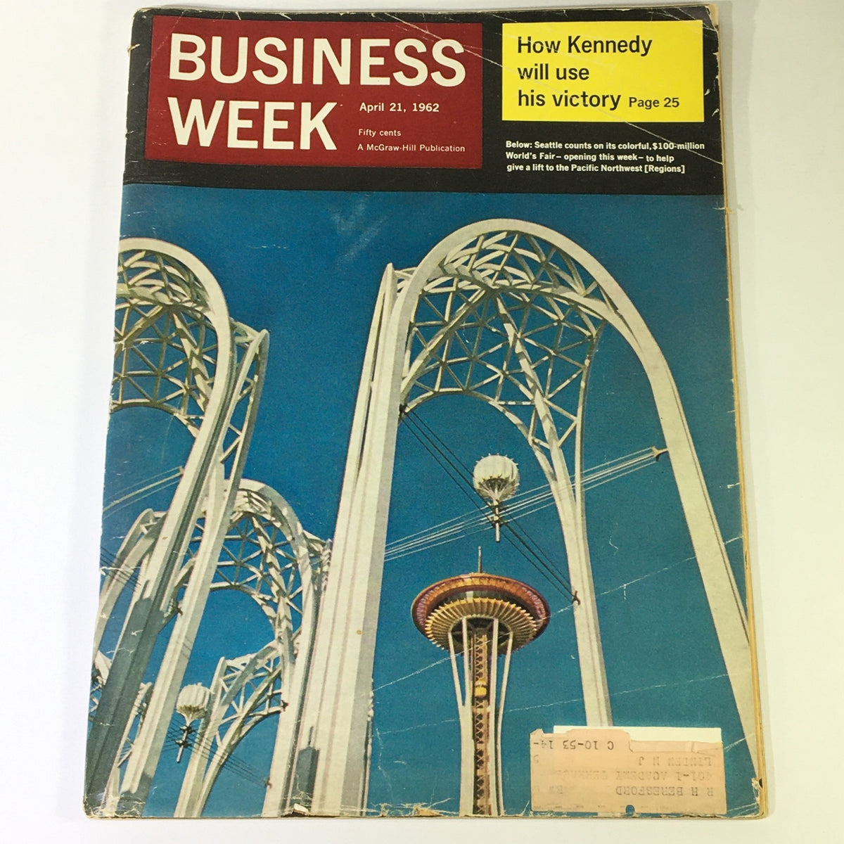 Cover of VTG Business Week Magazine April 21 1962, featuring the Space Needle and architectural designs, highlighting developments in the Pacific Northwest.