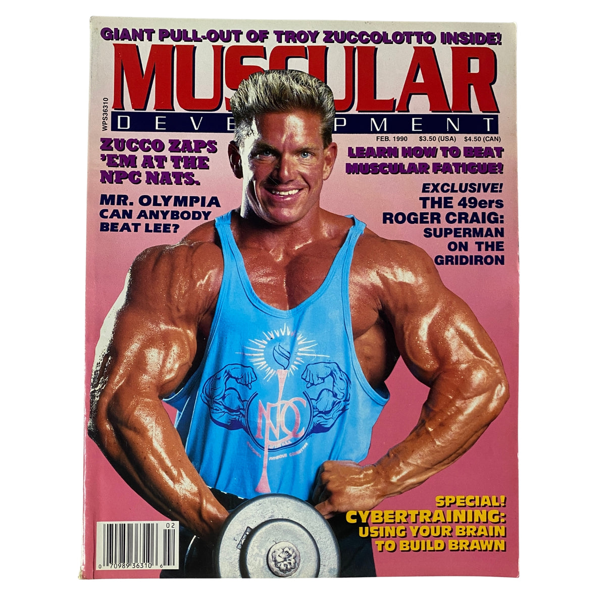 Muscular Development Magazine February 1990 cover featuring Troy Zuccolotto, showcasing a muscular physique while lifting a dumbbell. This vintage fitness magazine includes articles on bodybuilding and fitness.