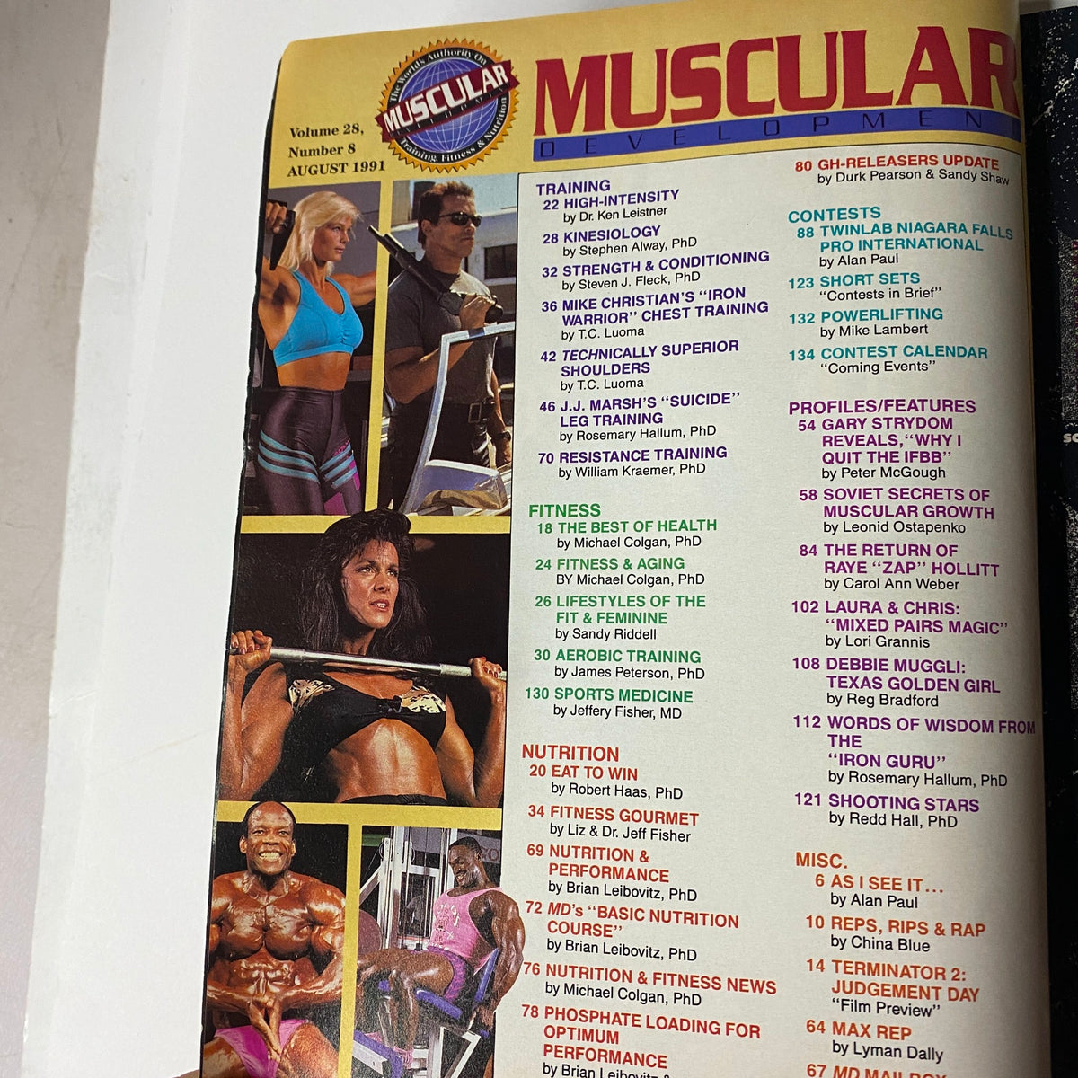 Contents page of Muscular Development Magazine August 1991 showing articles on training, fitness, and bodybuilding competitions.