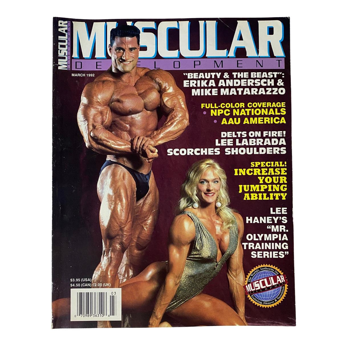 Cover of Muscular Development Magazine, March 1992, featuring Mike Matarazzo and Erika Andersch. The magazine highlights bodybuilding with visuals of muscular physiques and fitness insights.