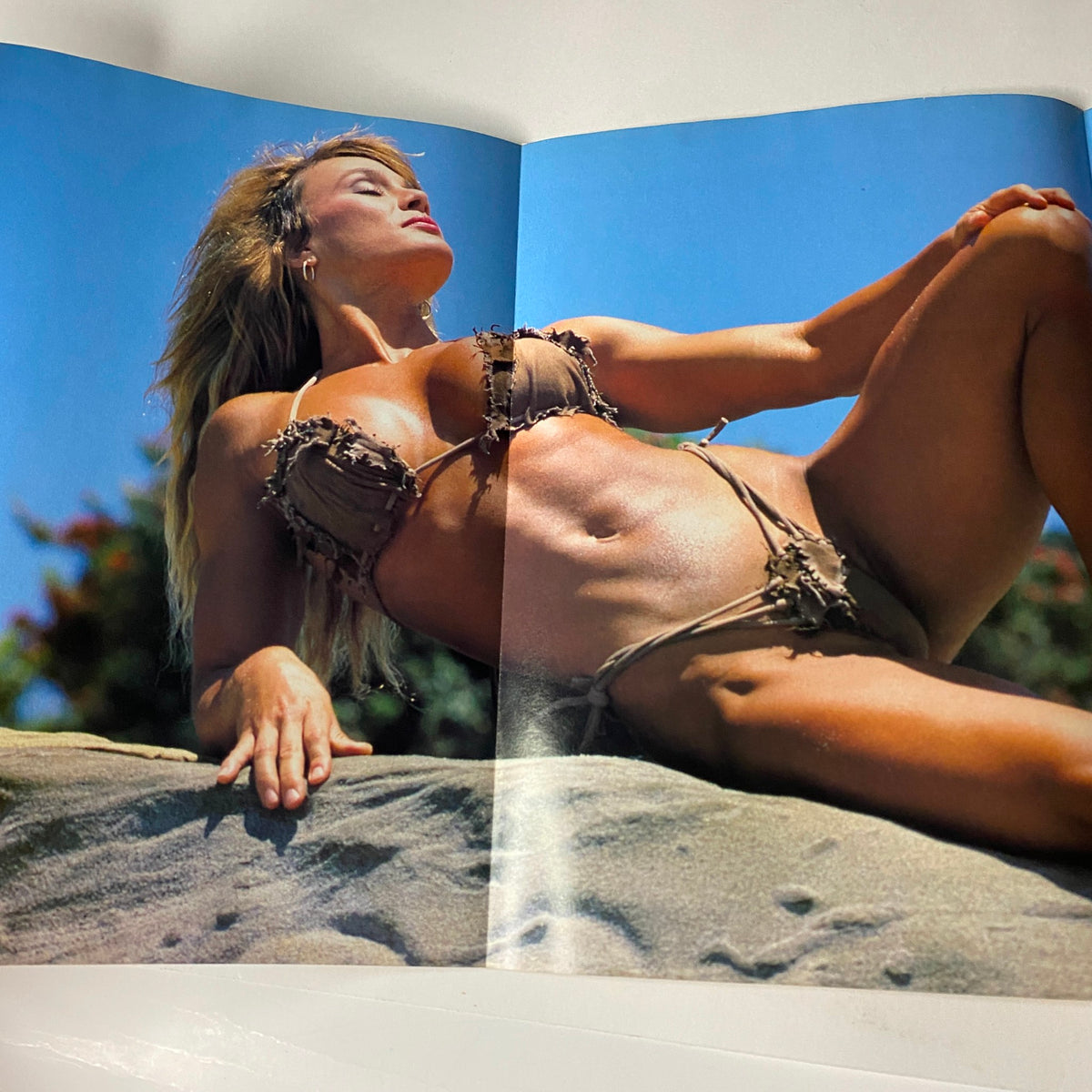 Centerfold poster from Muscular Development Magazine May 1992 showcasing a model in a bikini on a rock under a clear blue sky.