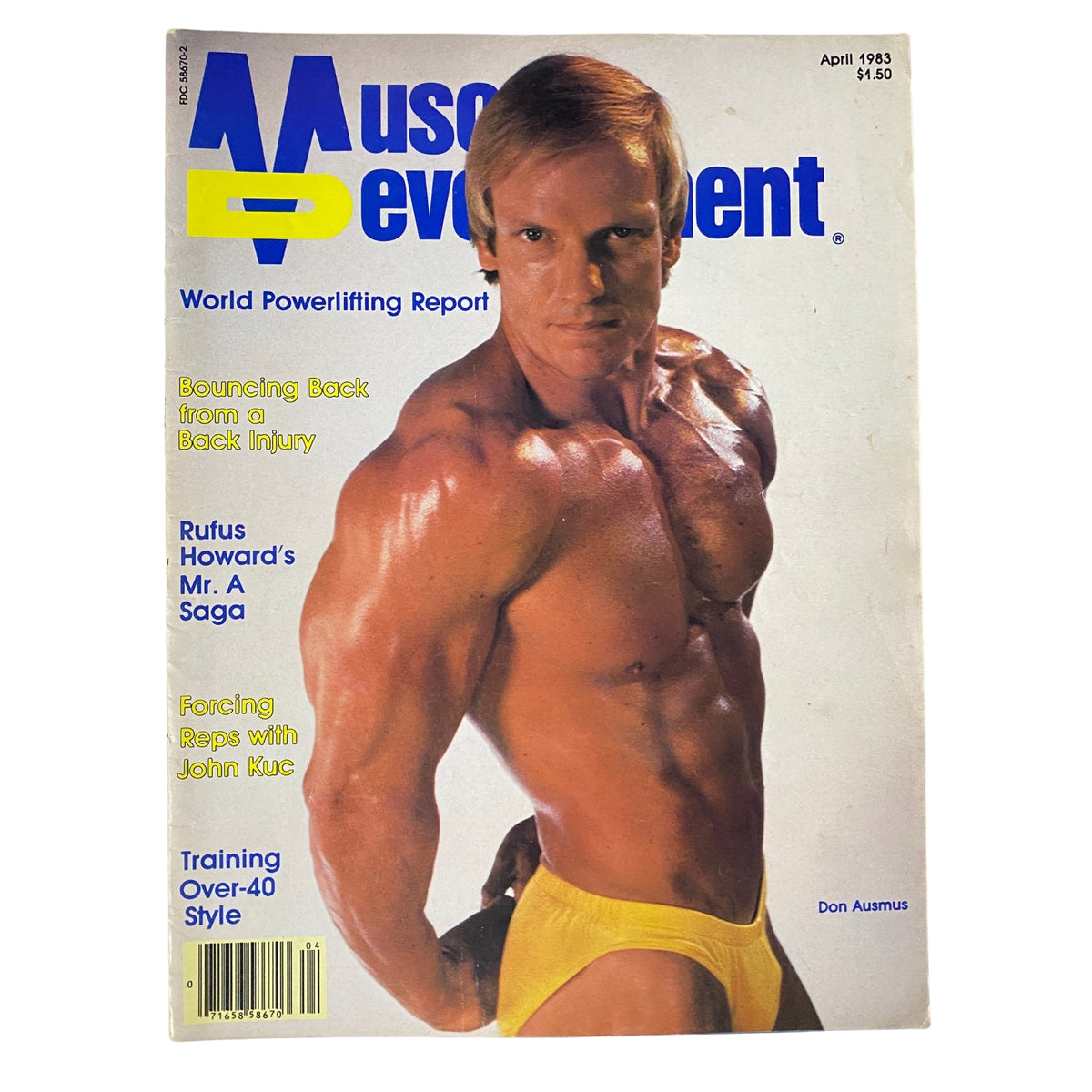 Cover of Muscular Development Magazine, April 1983, featuring Don Ausmus showcasing a muscular physique. The magazine includes articles on powerlifting and bodybuilding.