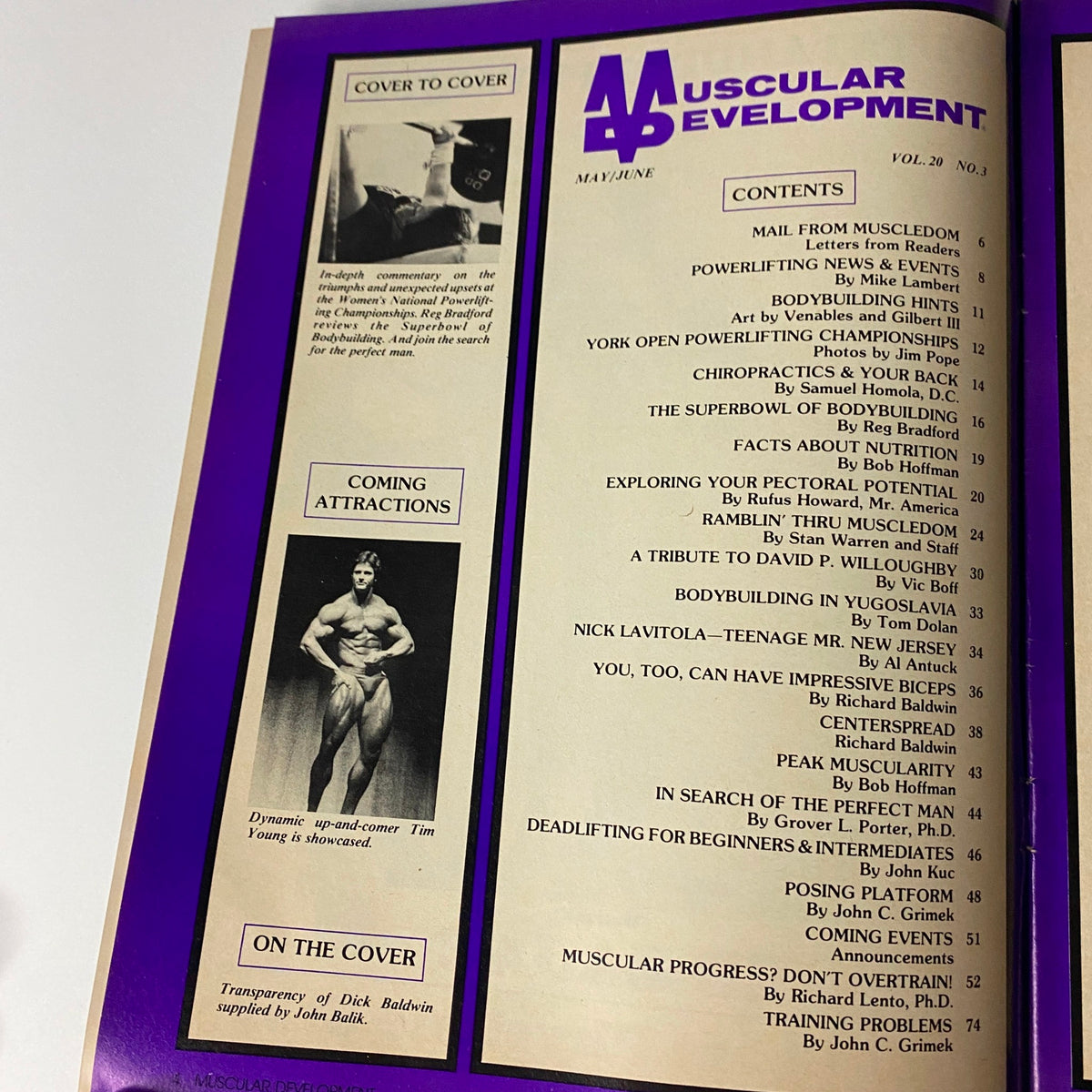 Table of contents page from Muscular Development Magazine June 1983, displaying featured articles including 'Exploring Your Pectoral Potential' and 'A Tribute to David P. Willoughby.' Highlights layout and key topics for bodybuilding enthusiasts.