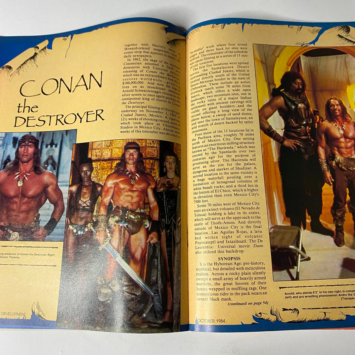 Feature page in Muscular Development Magazine October 1984 covering 'Conan the Destroyer,' with images and text discussing the film's impact on Arnold Schwarzenegger's career and bodybuilding.