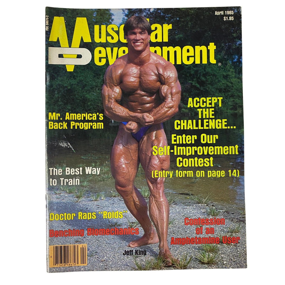 Cover of Muscular Development Magazine April 1985 featuring Jeff King showcasing a muscular physique, emphasizing bodybuilding and fitness culture.