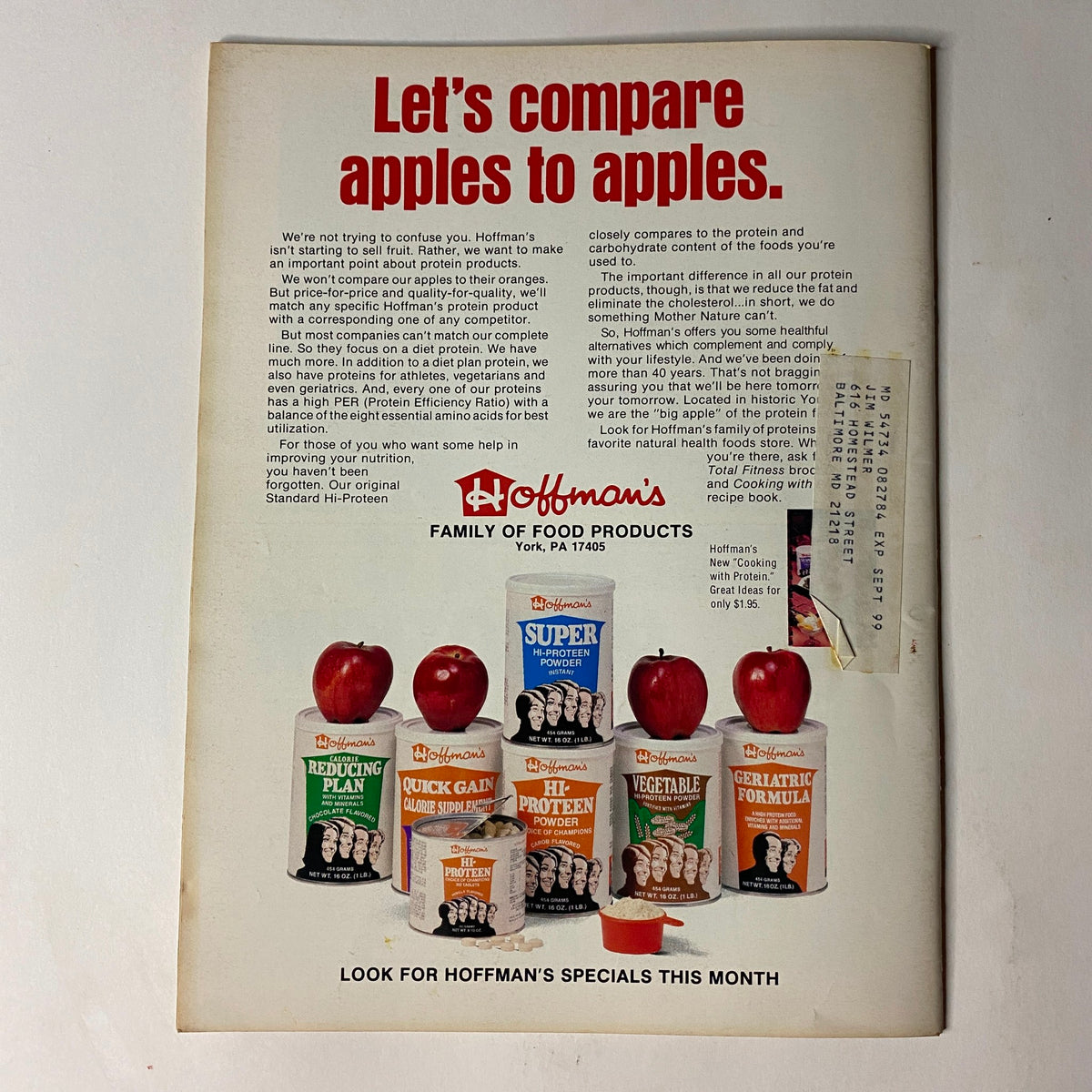 Back cover advertisement from Muscular Development Magazine June 1985 promoting Hoffman's Family of Food Products with an eye-catching design.