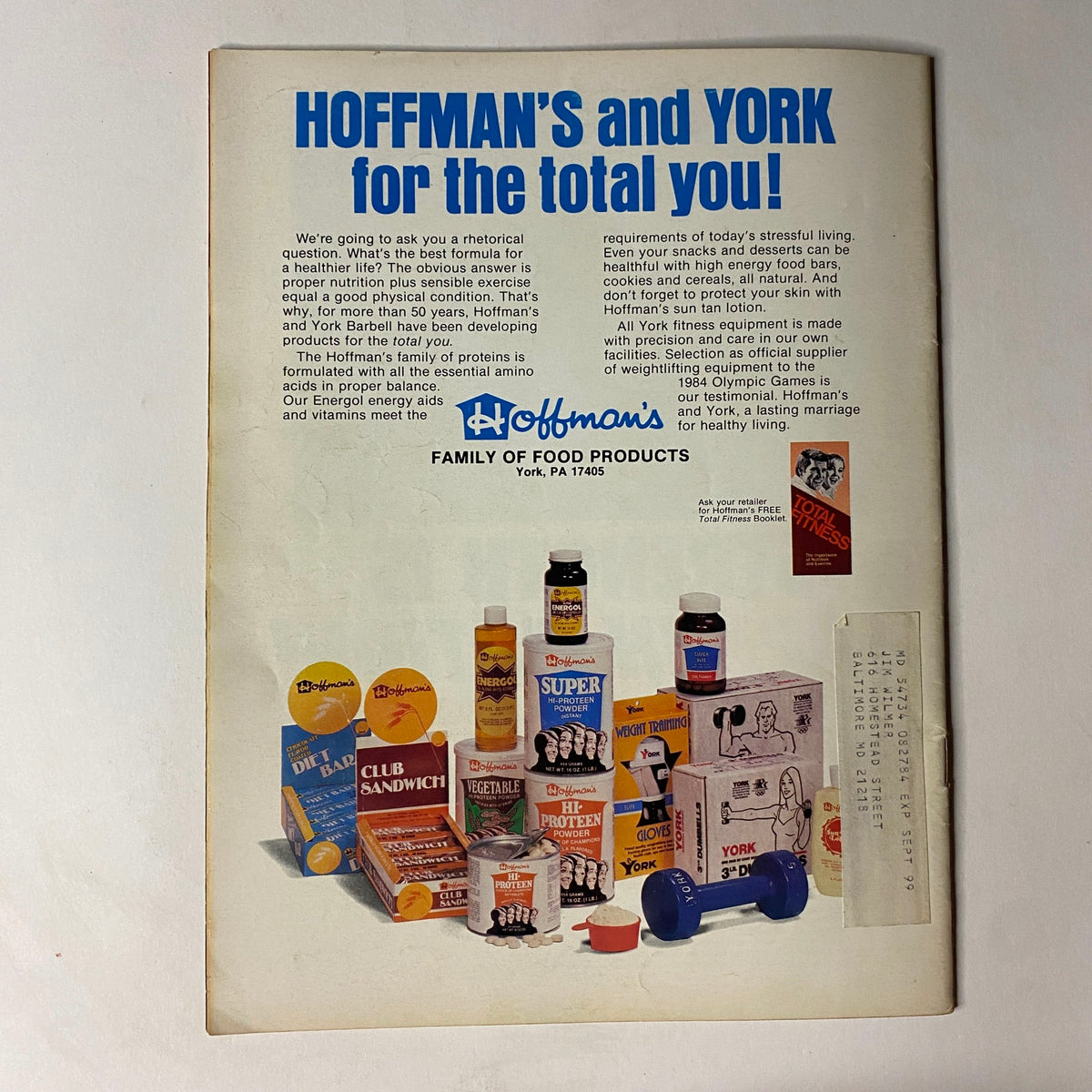 Back cover of Muscular Development Magazine December 1984 featuring Hoffman’s and York family of food products, displaying various nutritional supplements and fitness items for healthy living.
