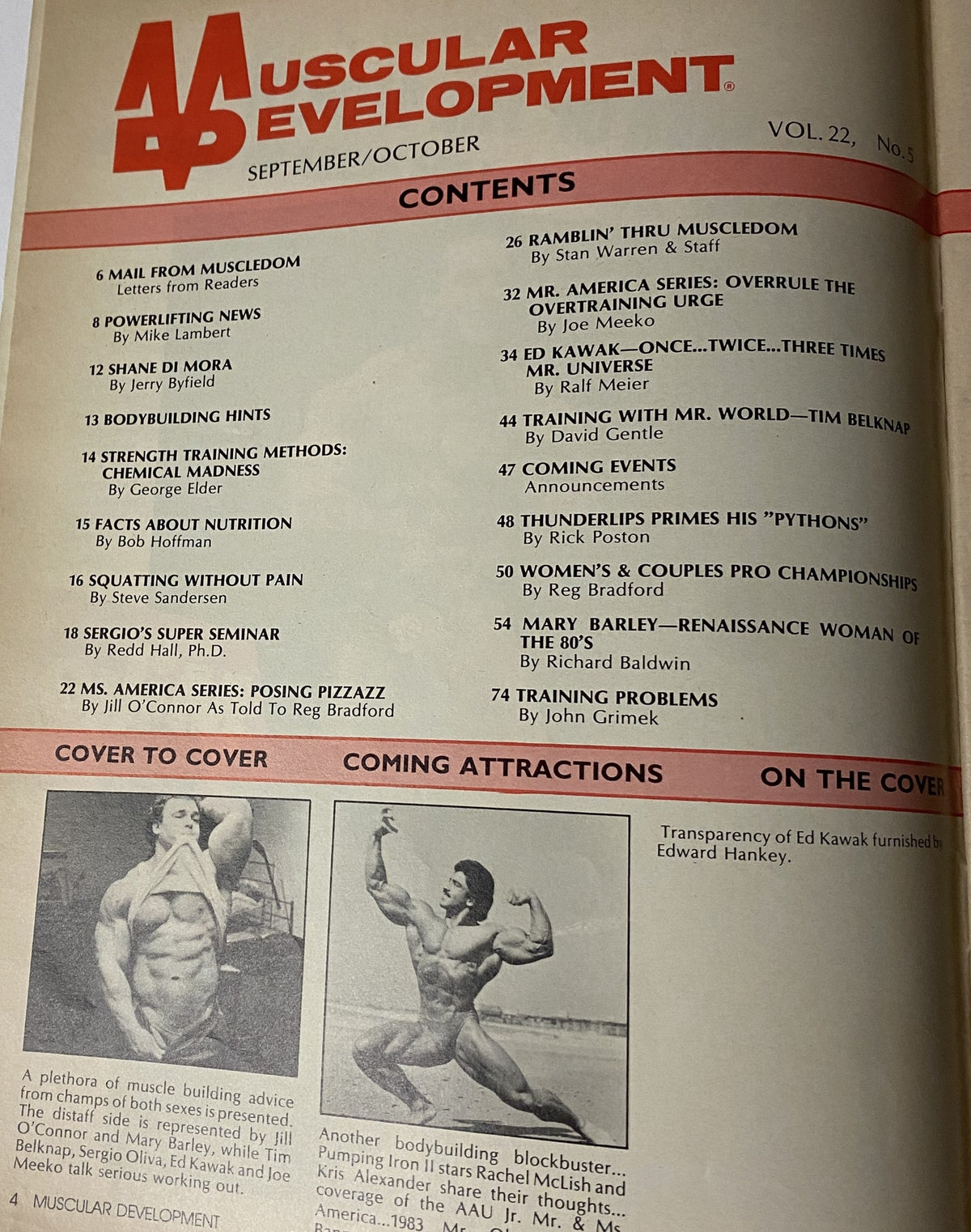 Table of Contents for Muscular Development Magazine, October 1985, detailing articles and features on bodybuilding and strength training.