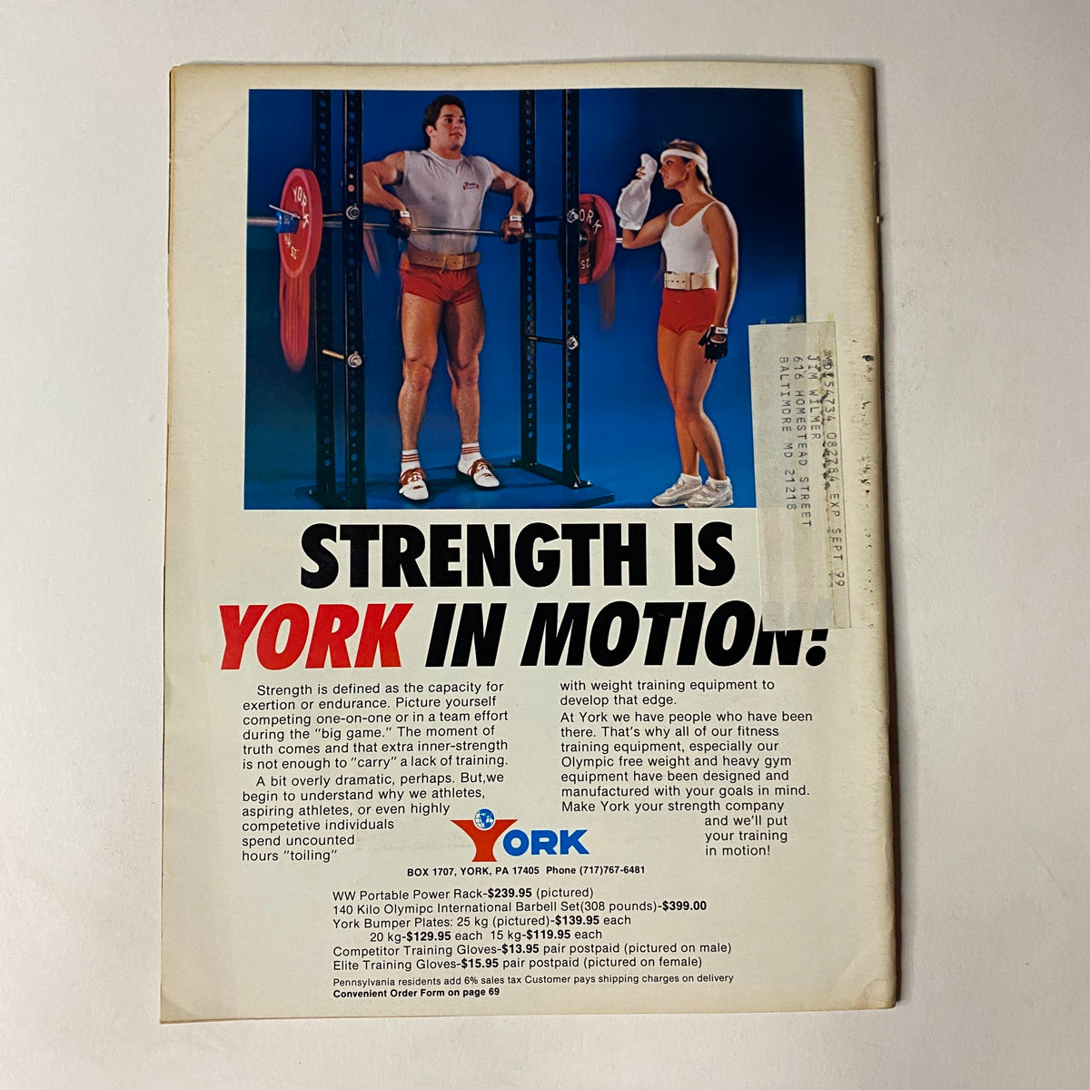 Back cover of Muscular Development Magazine, December 1985 (Vol 22, No 7) advertising York strength training equipment with a focus on strength development.