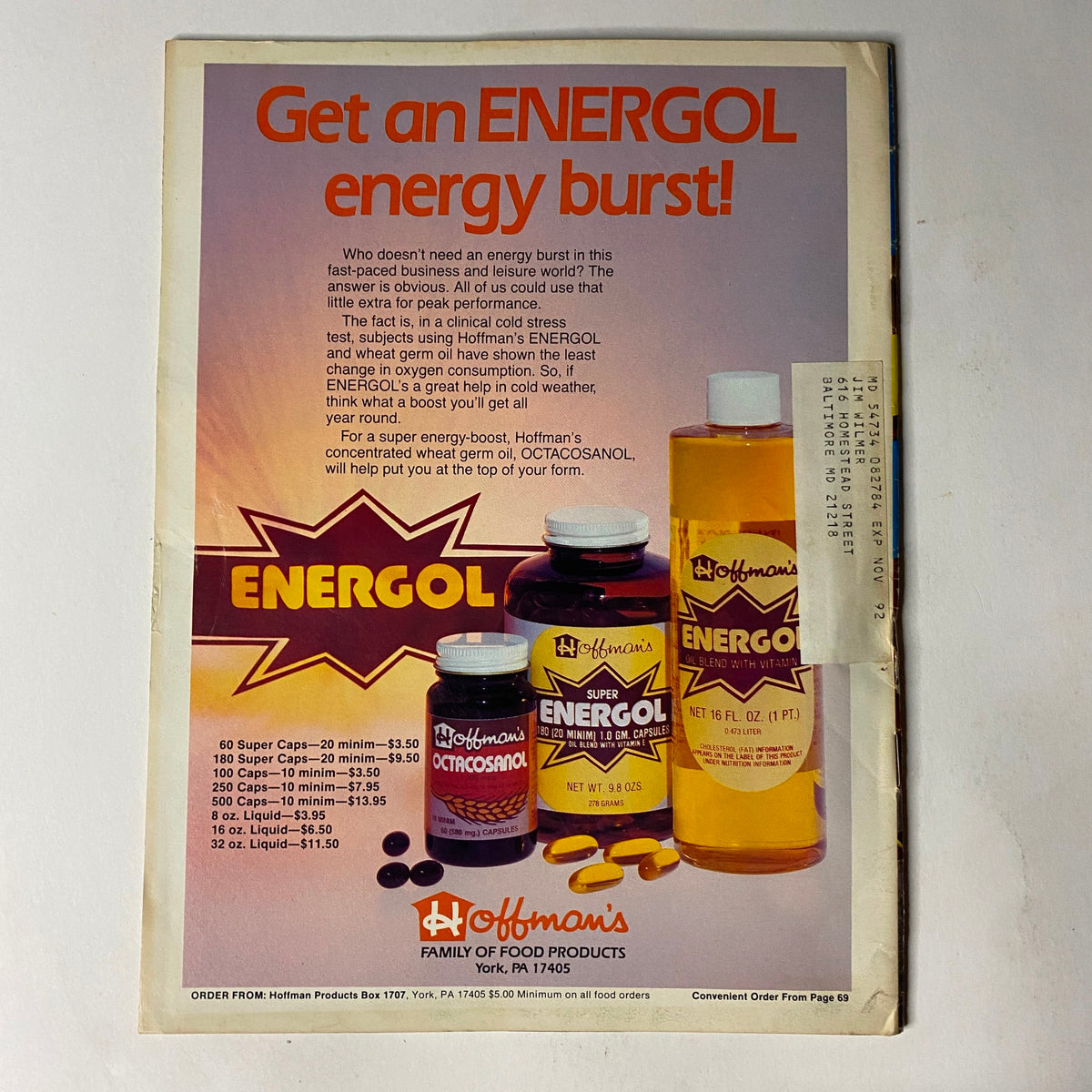 Back cover of Muscular Development Magazine, January 1986, Vol 23 No. 1, showcasing an advertisement for Energol energy products by Hoffman's Family of Food Products.