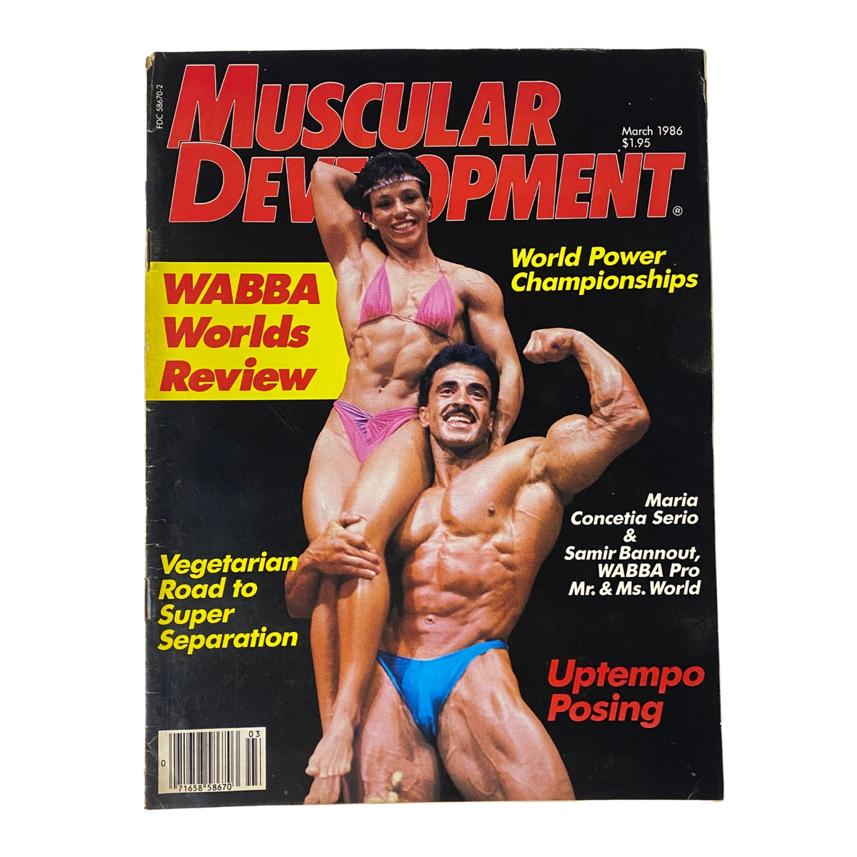 Cover of Muscular Development Magazine March 1986 featuring Samir Bannout and Maria Conceita Serio, showcasing topics like WABBA Worlds Review and UpTempo Posing.