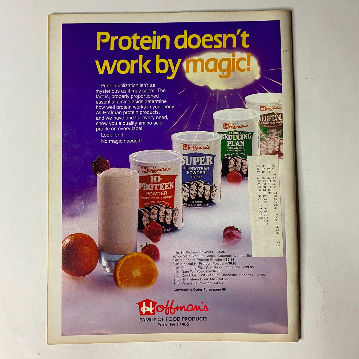 Advertisement for Hoffman's Family of Food Products featuring protein supplements. The ad emphasizes that protein doesn't work magically, showcasing various protein powder products. Related to the 'Muscular Development Magazine April 1986 Vol 23 No. 4 Casey Kucharyk VG' issue.