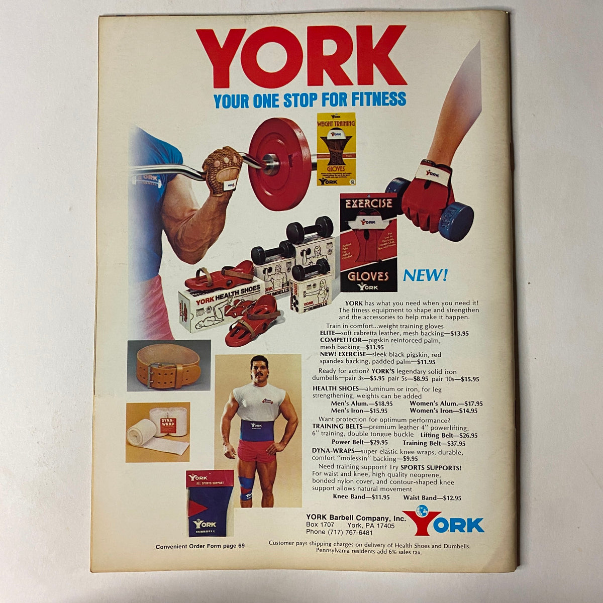Back cover of Muscular Development Magazine May 1986 Vol 23 No. 5 advertising York fitness products including dumbbells and health shoes, emphasizing the fitness lifestyle.