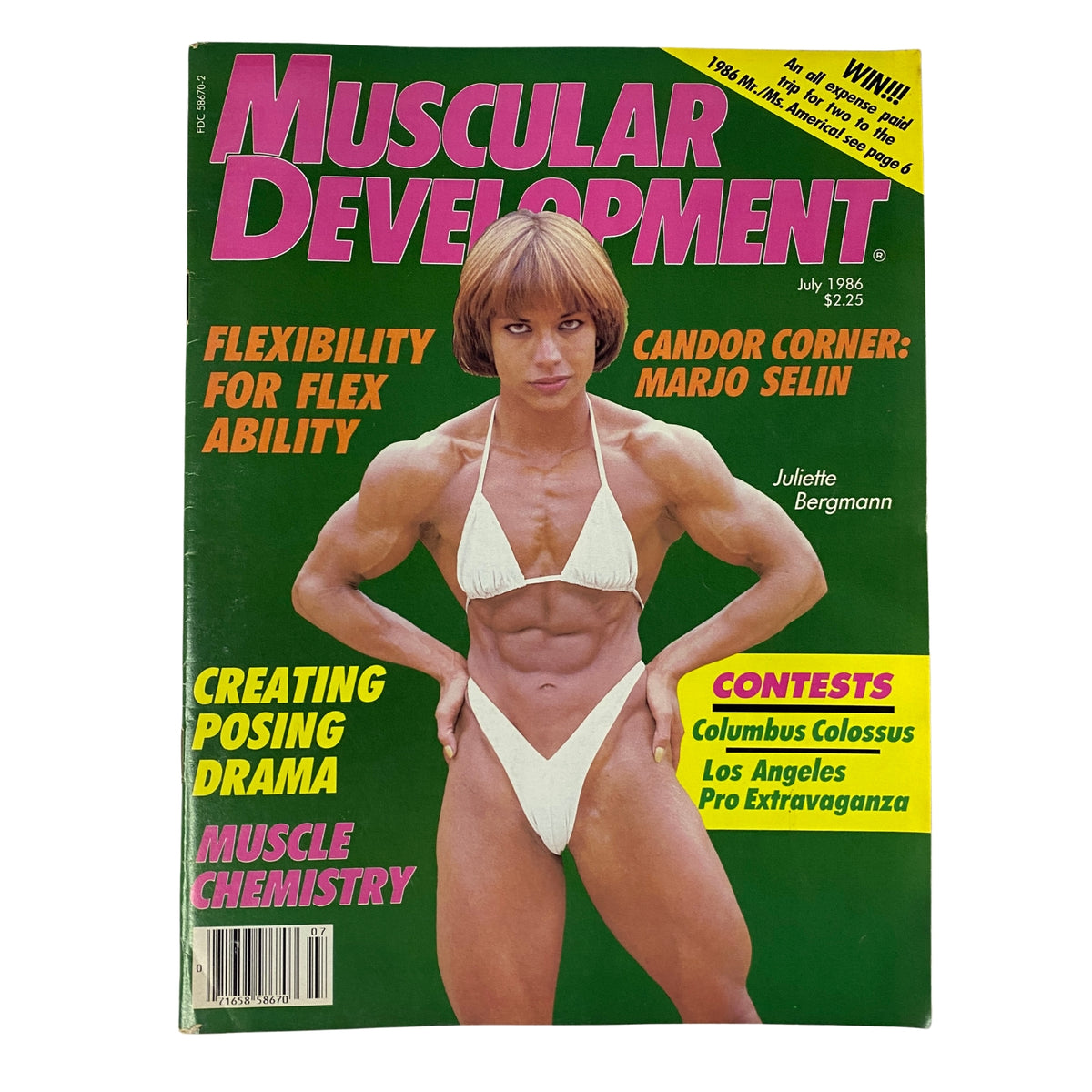 Cover of Muscular Development Magazine July 1986 featuring Juliette Bergmann, showcasing her muscular physique and promoting bodybuilding culture.