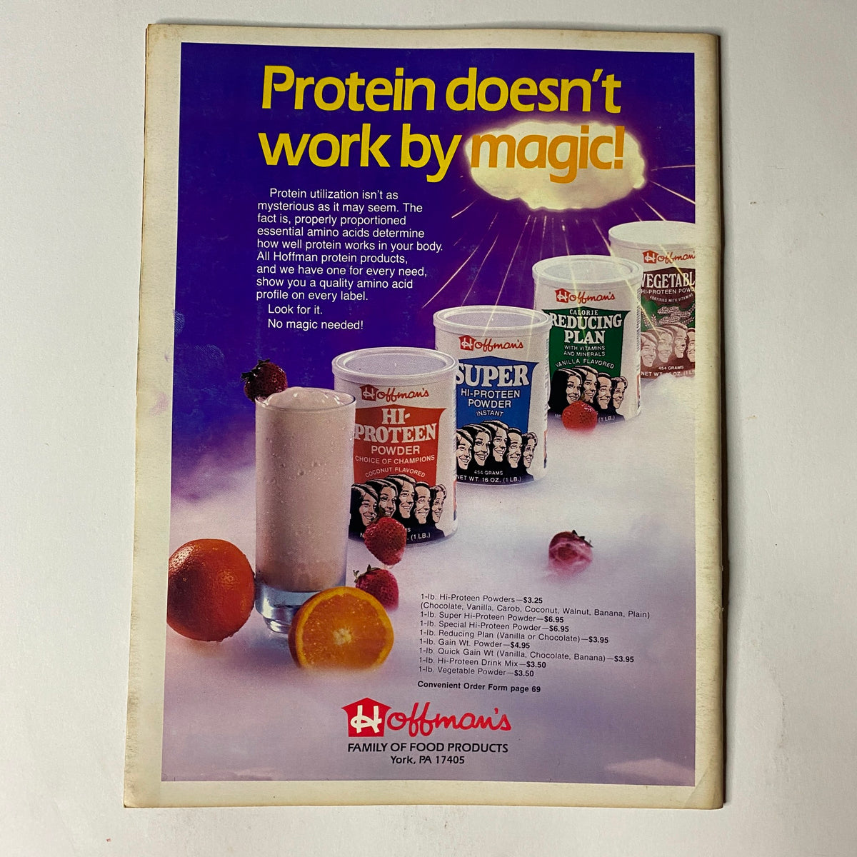 Advertisement from the back cover of Muscular Development Magazine July 1986, promoting protein products with a focus on bodybuilding nutrition.