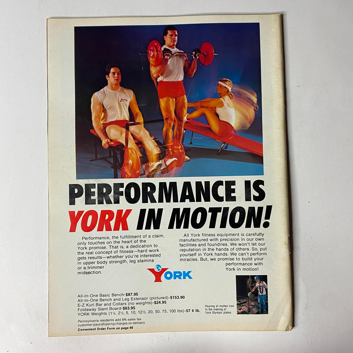 Advertisement from Muscular Development Magazine August 1986 Vol 23 No. 8 for York fitness equipment, promoting strength training solutions with images of athletes in action.