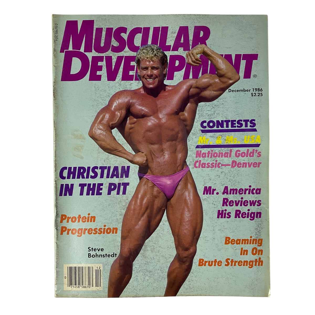 Cover of Muscular Development Magazine December 1986 featuring Steve Bohnstedt on the front, showcasing bodybuilding themes and contests for Mr. & Ms. USA.